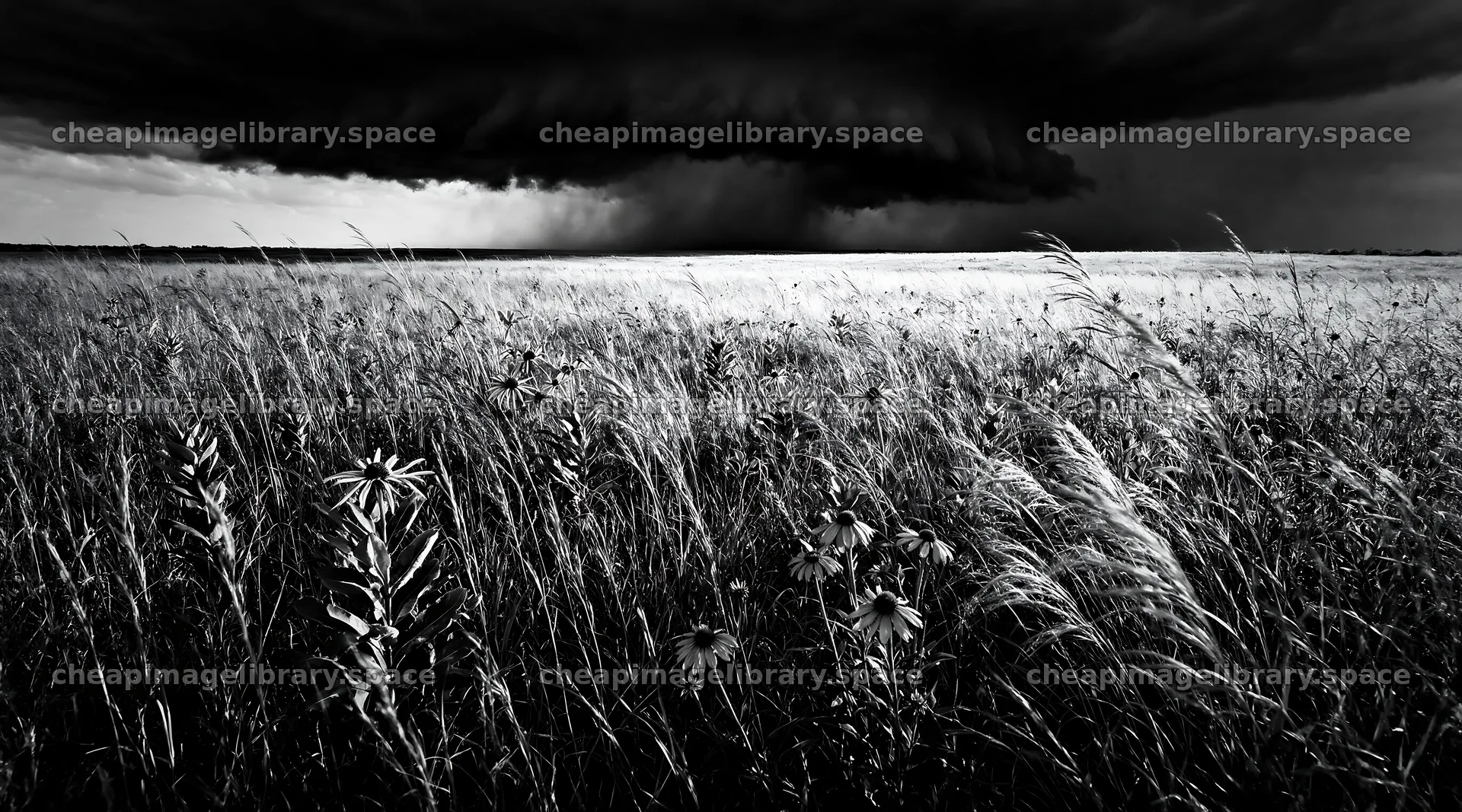 Biodiverse meadow under dark stormy clouds – image library 10648x5916