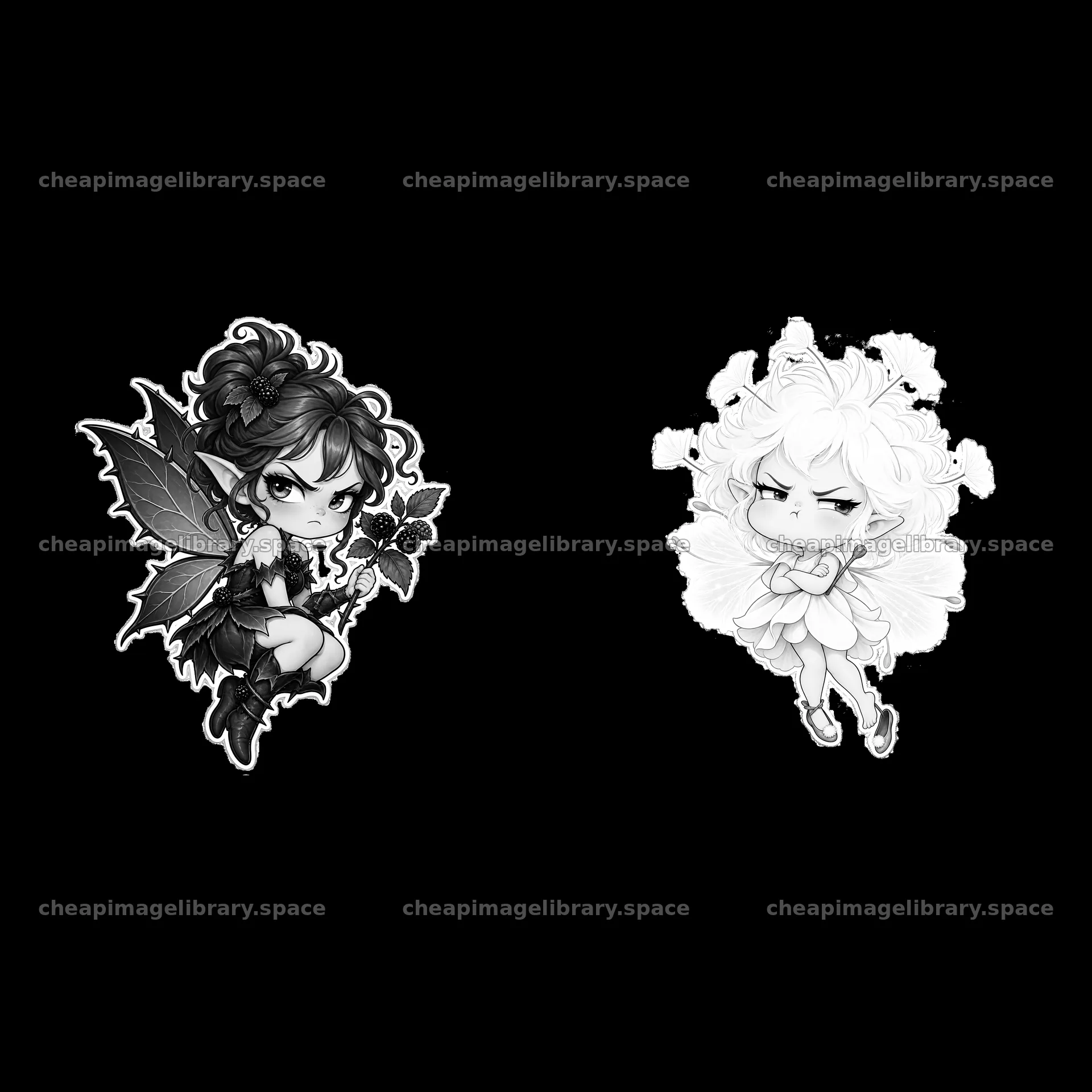 Kawaii grumpy fairy duo in monochrome design – image library 7746x7746