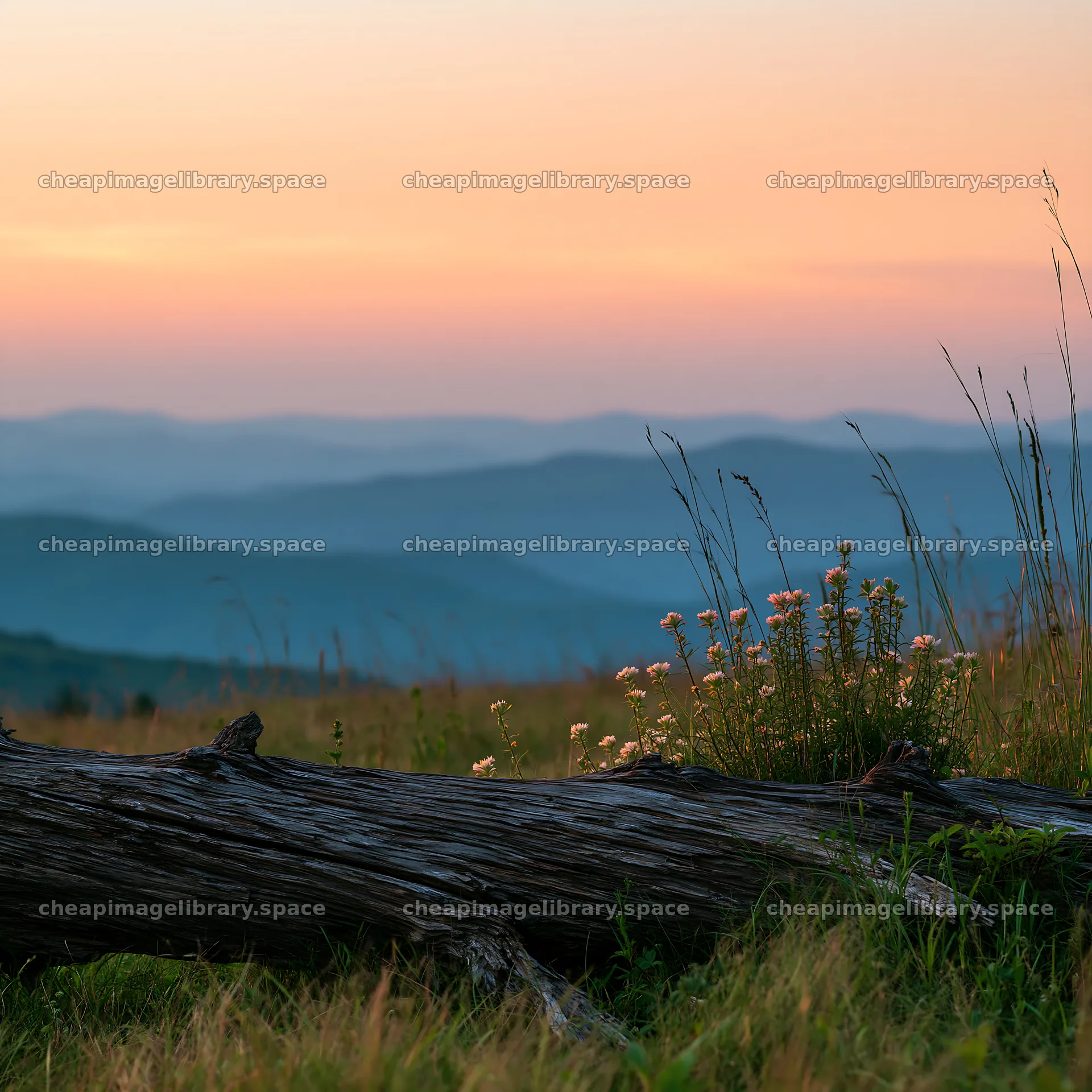 Weathered log meadow with flowers and distant mountains – image library 7938x7938