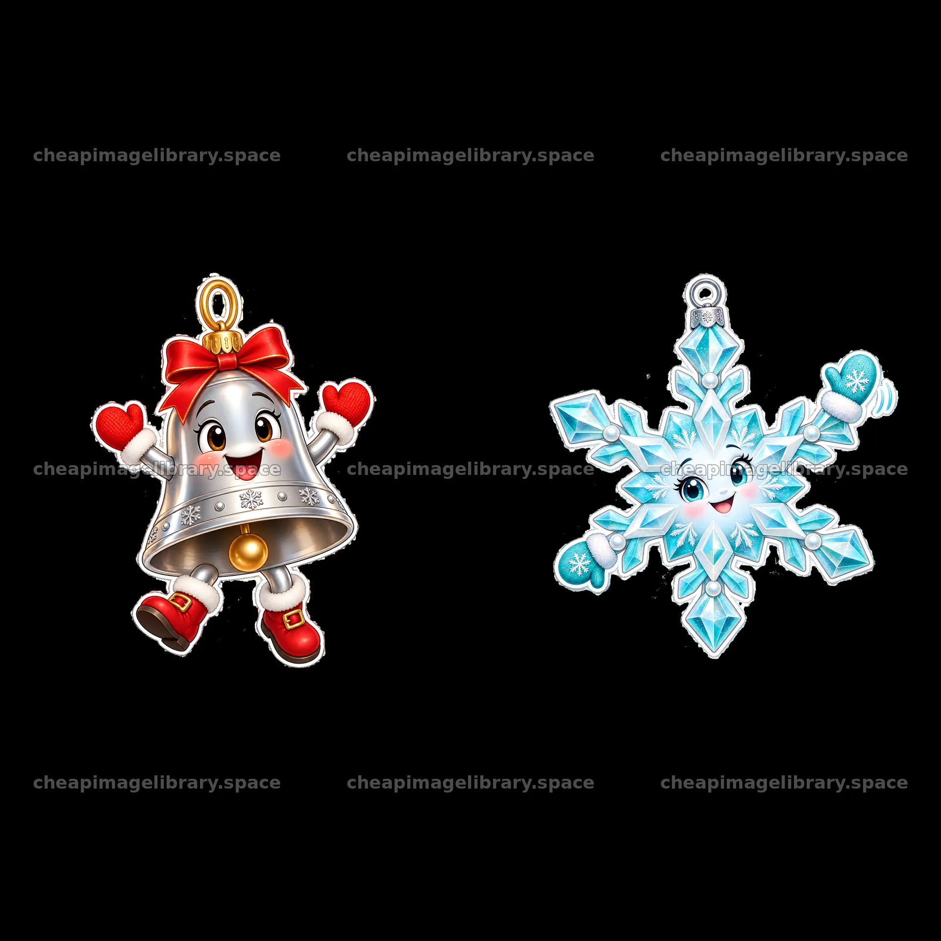 Christmas bell and snowflake ornaments with cheerful expressions – image library 7746x7746
