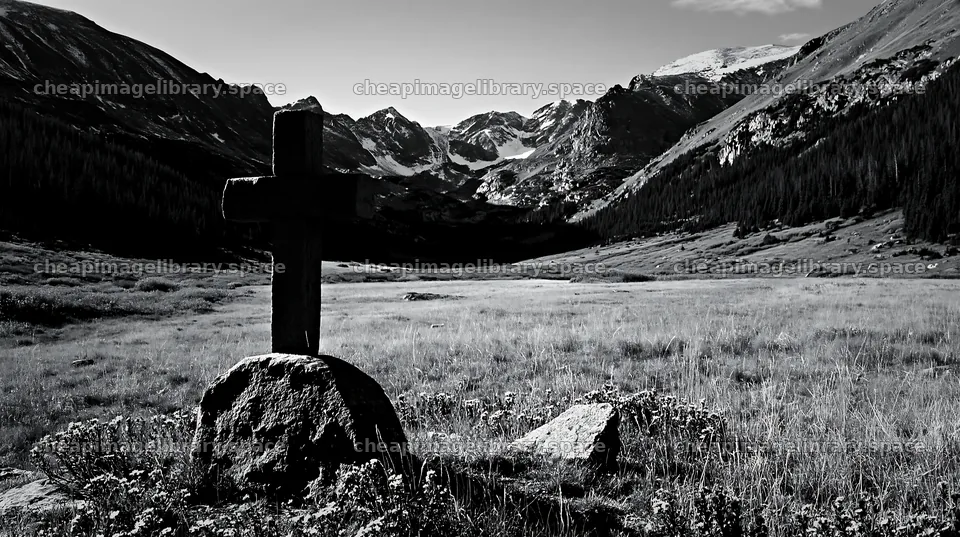 Stone Christian cross in alpine valley meadow – image library 10608x5938