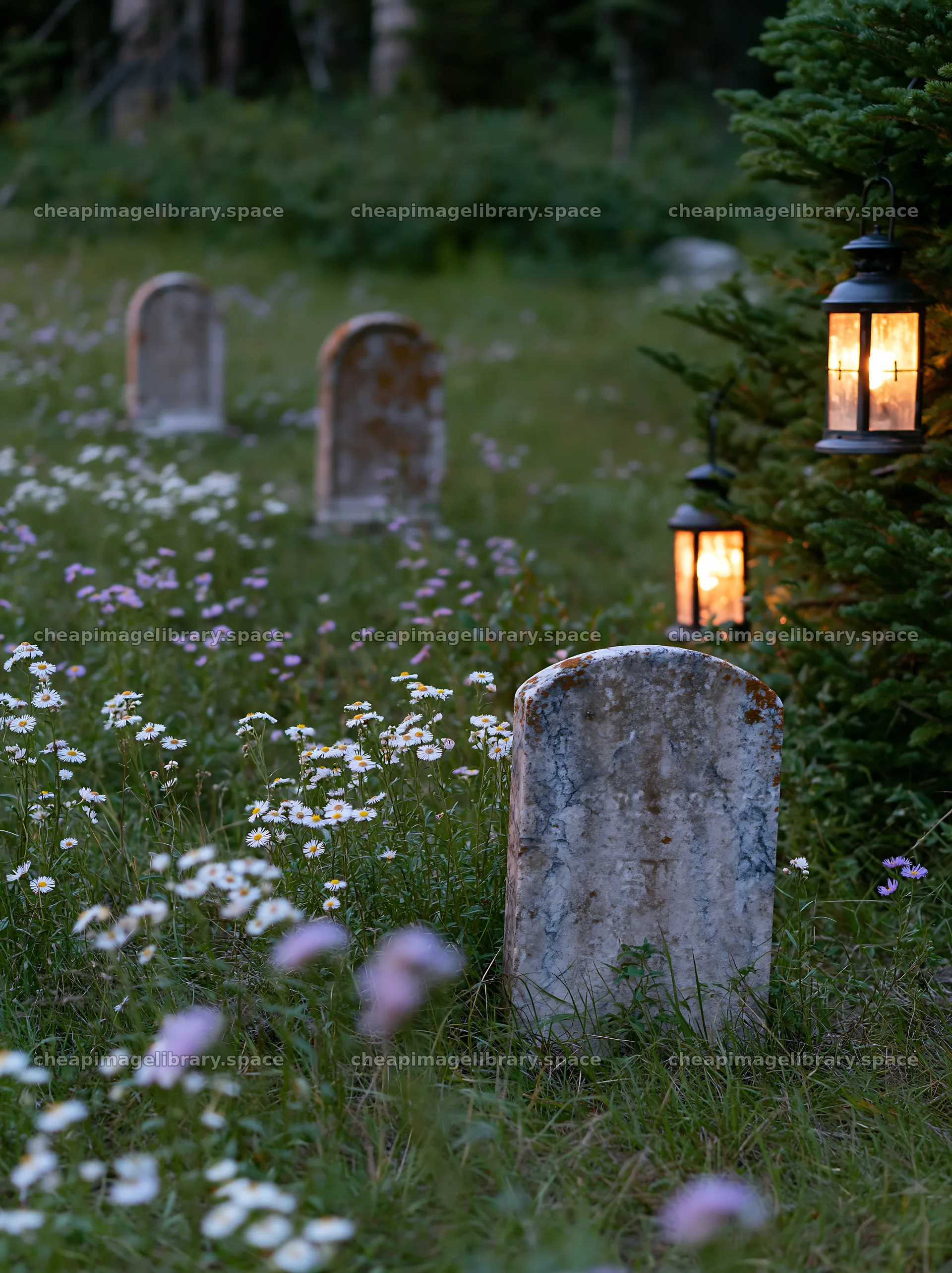 Expansive meadow with grave markers and lanterns at dusk – image library 6866x9174