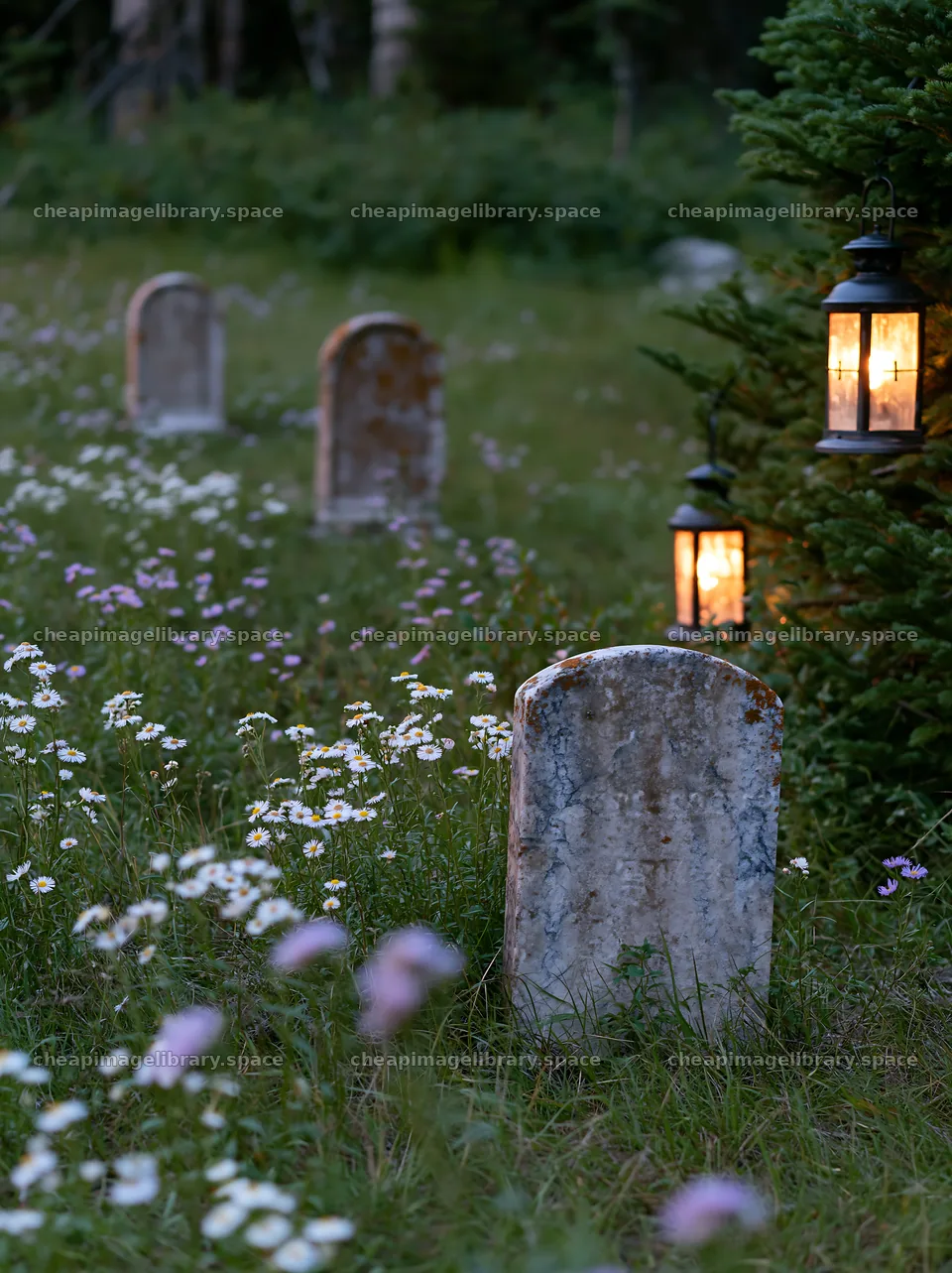 Expansive meadow with grave markers and lanterns at dusk – image library 6866x9174