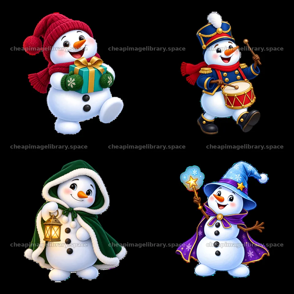 Four cheerful snowmen celebrating Christmas with festive props – image library 7746x7746