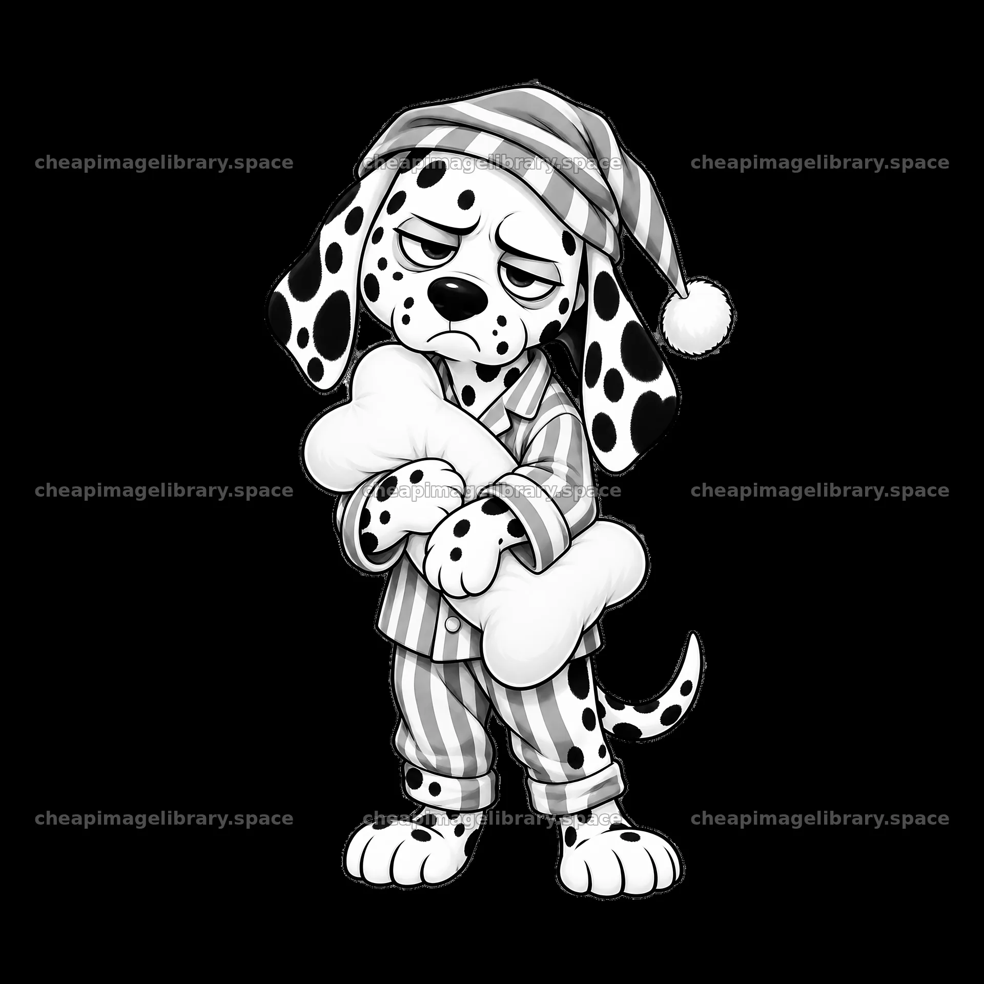 Grumpy dog wearing pajamas and holding a bone – image library 7746x7746