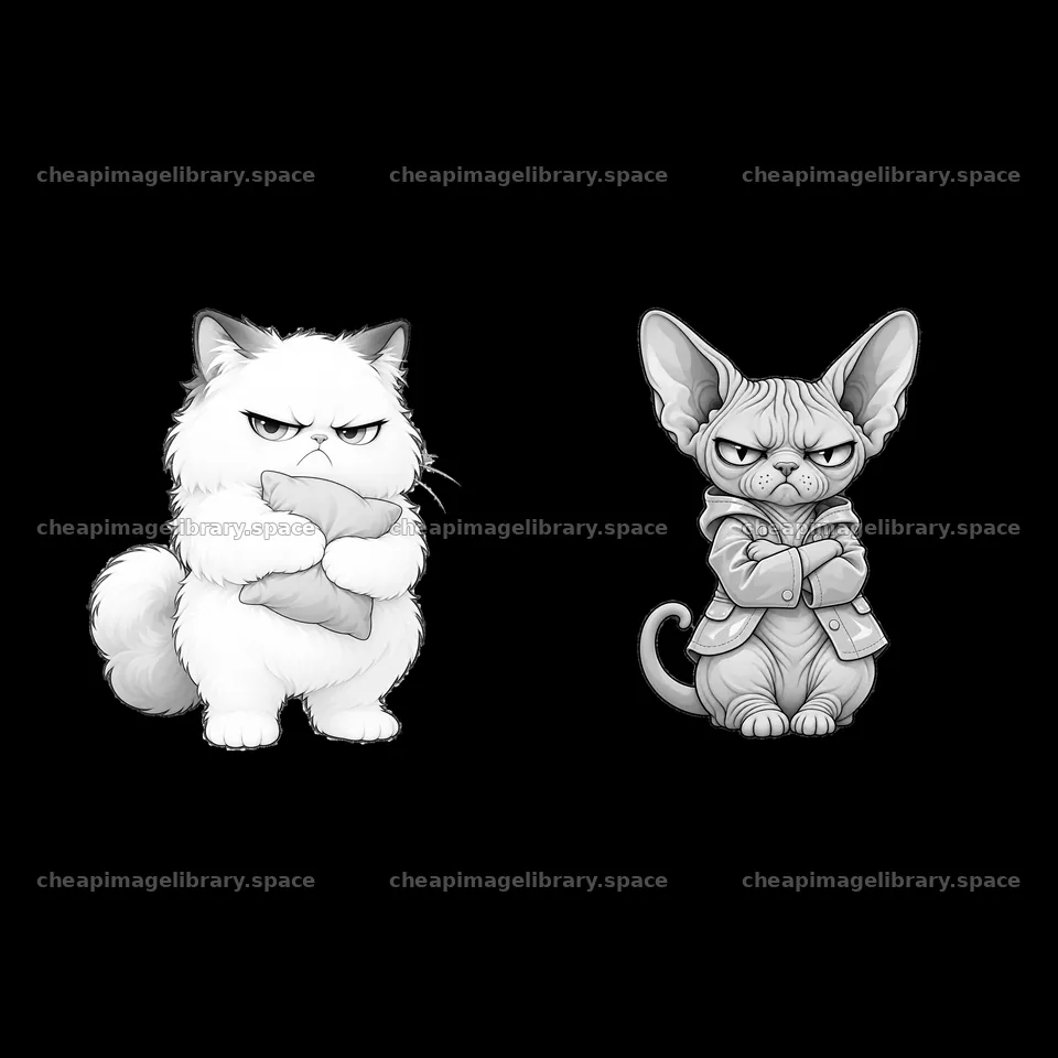 Kawaii grumpy cats holding pillows in monochrome illustration – image library 7746x7746