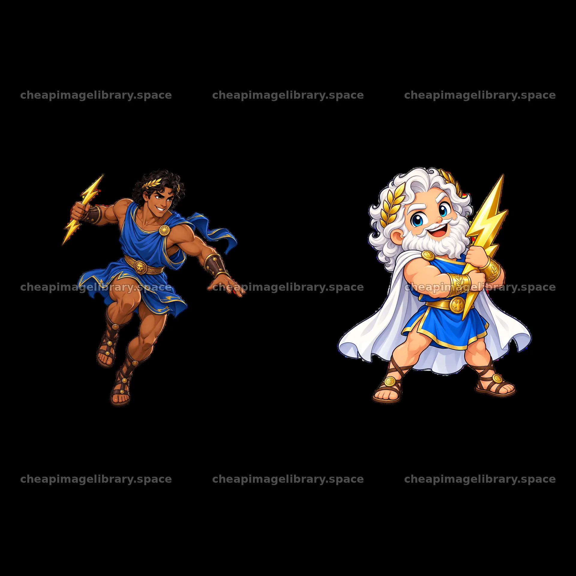 Zeus and his son in dynamic pose with lightning bolts – image library 7746x7746