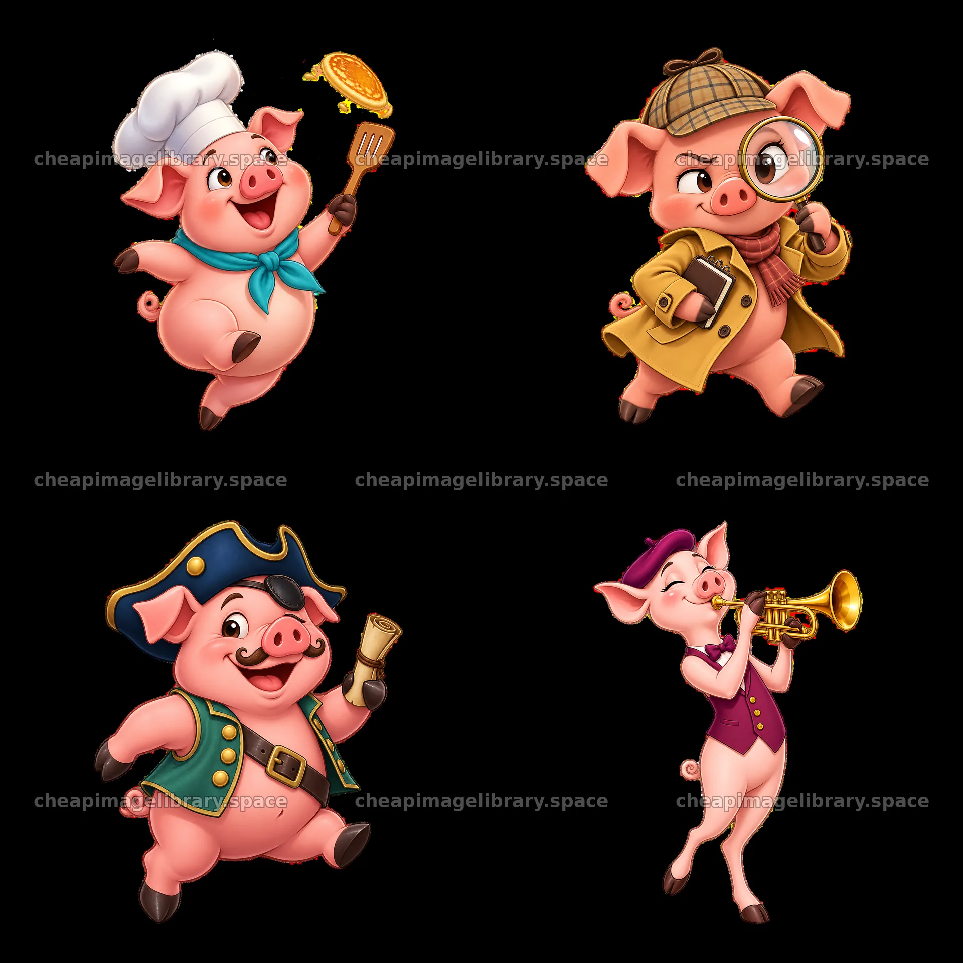Four cheerful pig characters in various outfits and activities – image library 7746x7746