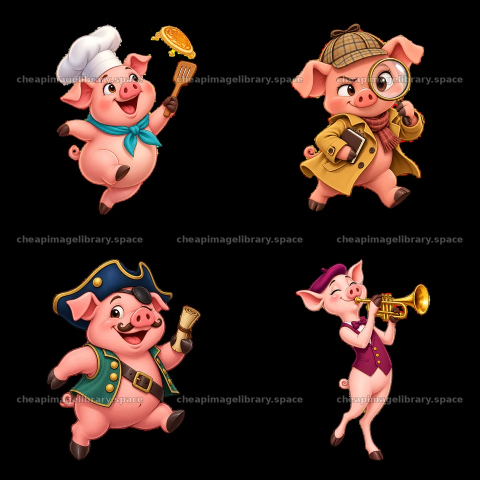 Four cheerful pig characters in various outfits and activities – image library 7746x7746
