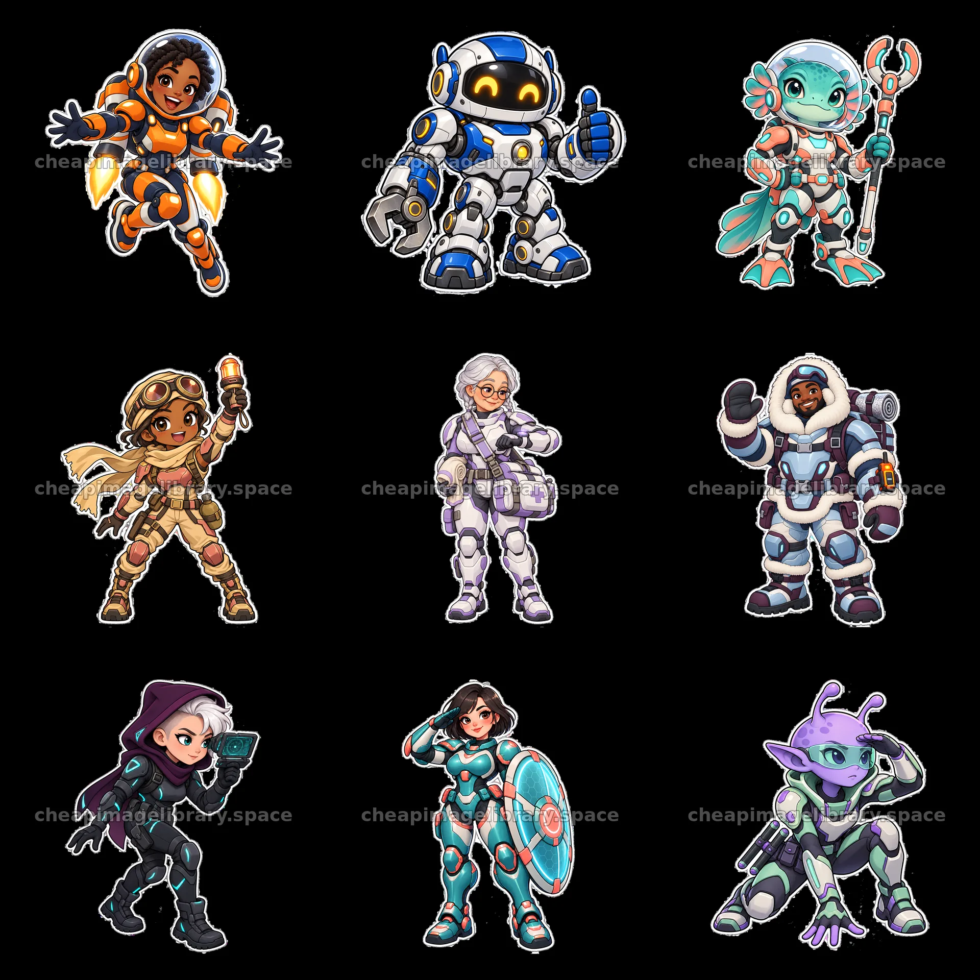 Kawaii futuristic super-soldier stickers in a 3x3 grid layout – image library 7746x7746