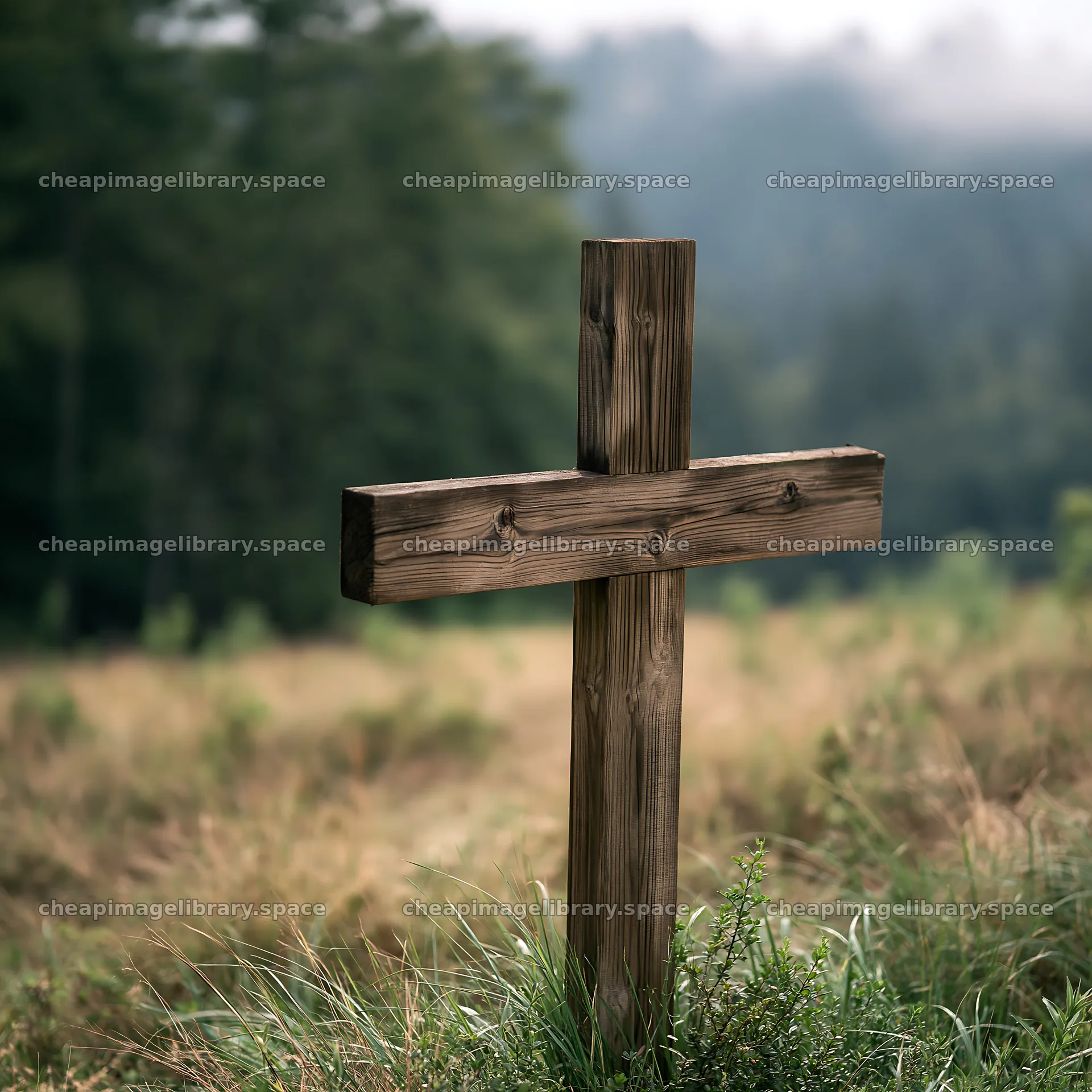 Wooden Christian cross in mountain meadow – image library 7938x7938