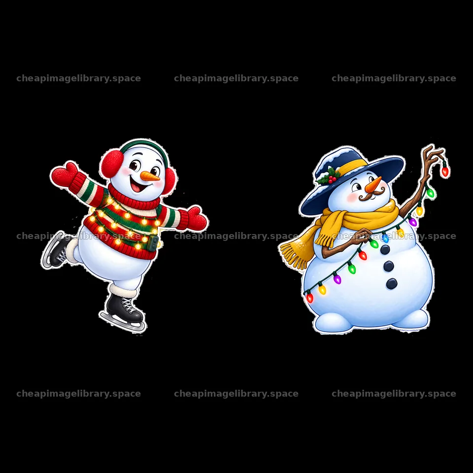 Snowmen skating and decorating with string lights – image library 7746x7746