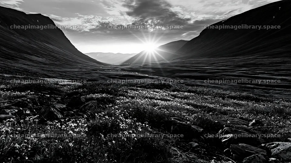 Jotunheimen valley meadow sunbeams create a scenic view – image library 10608x5938