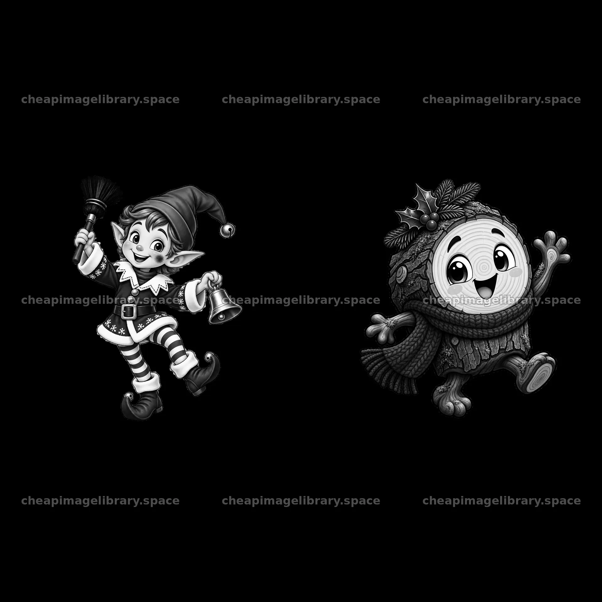 Christmas elf and log character celebrating holidays in pair – image library 7746x7746