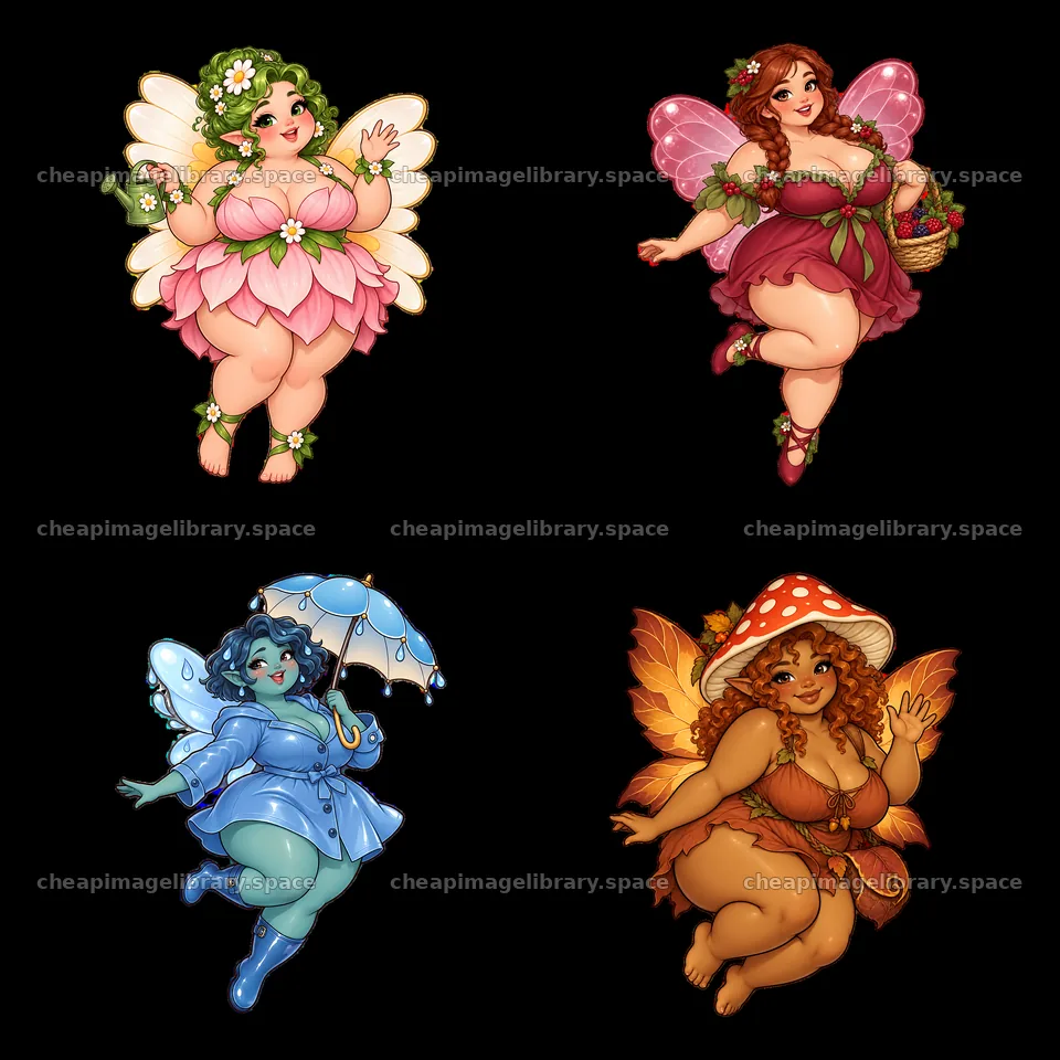 Kawaii ultra-fat fairies in a playful 2x2 cartoon sticker layout – image library 7746x7746