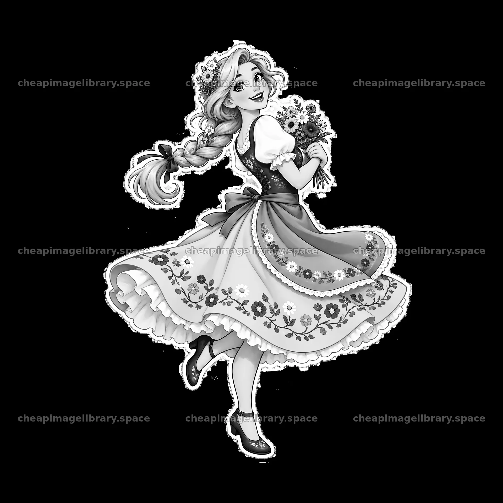Woman in traditional folk dress holding flowers and smiling – image library 7746x7746