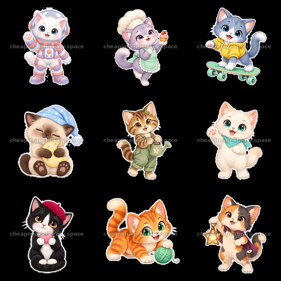Kawaii cat stickers in various playful poses and activities – image library 7746x7746