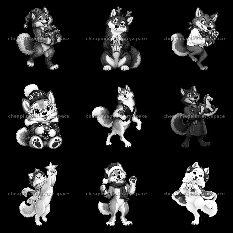 Christmas wolf characters in a 3x3 grid with festive props – image library 7746x7746