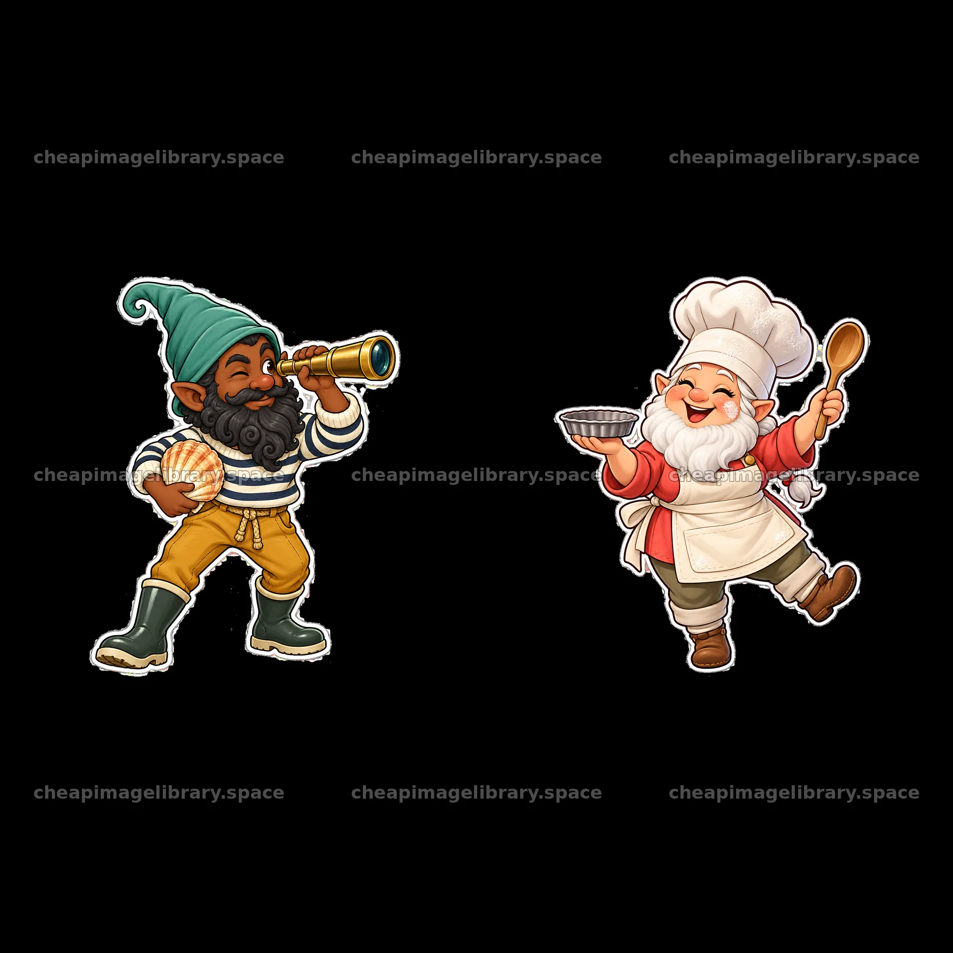 Gnome chef and gnome sailor cartoon characters in playful poses – image library 7746x7746