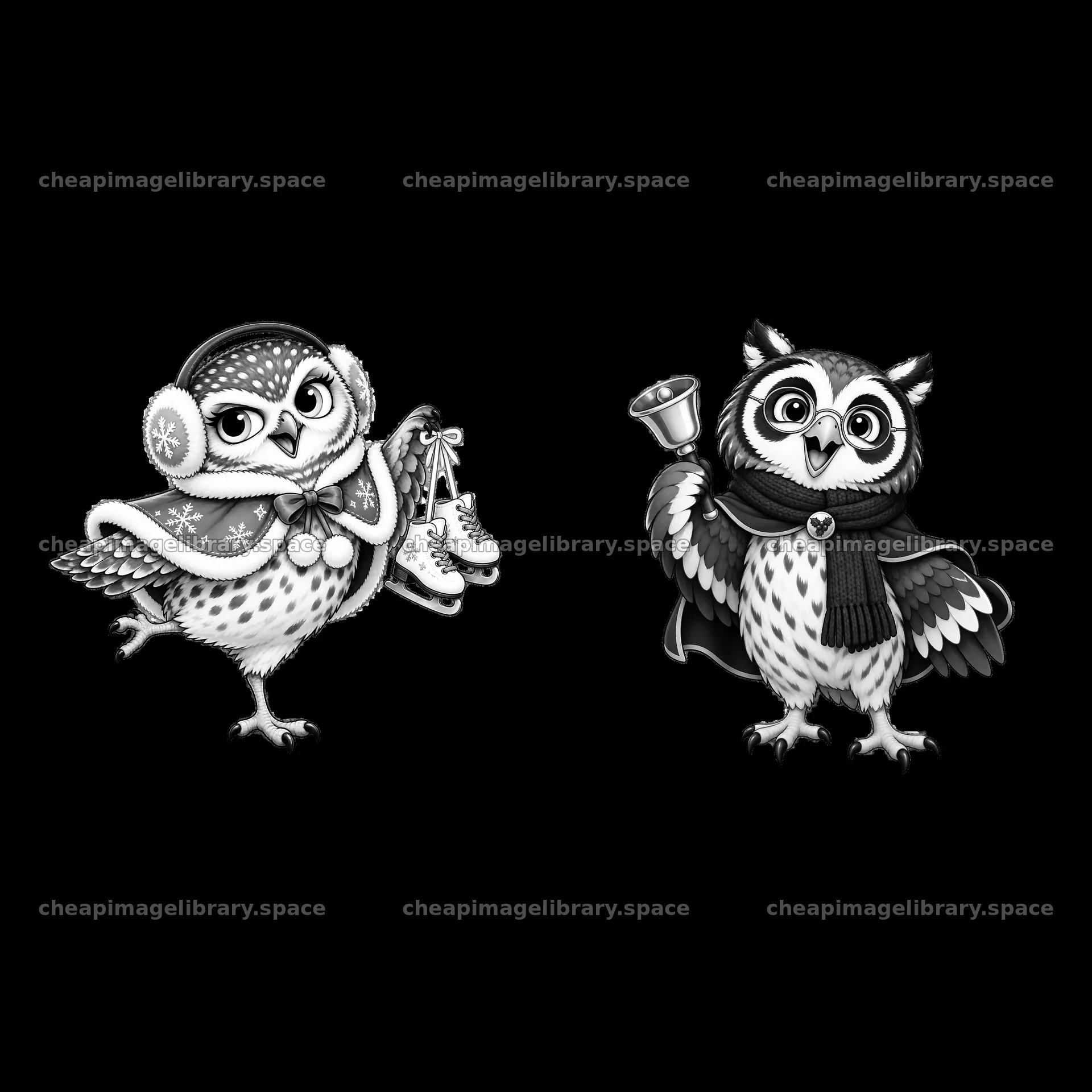 Christmas owls holding ice skates and a bell – image library 7746x7746