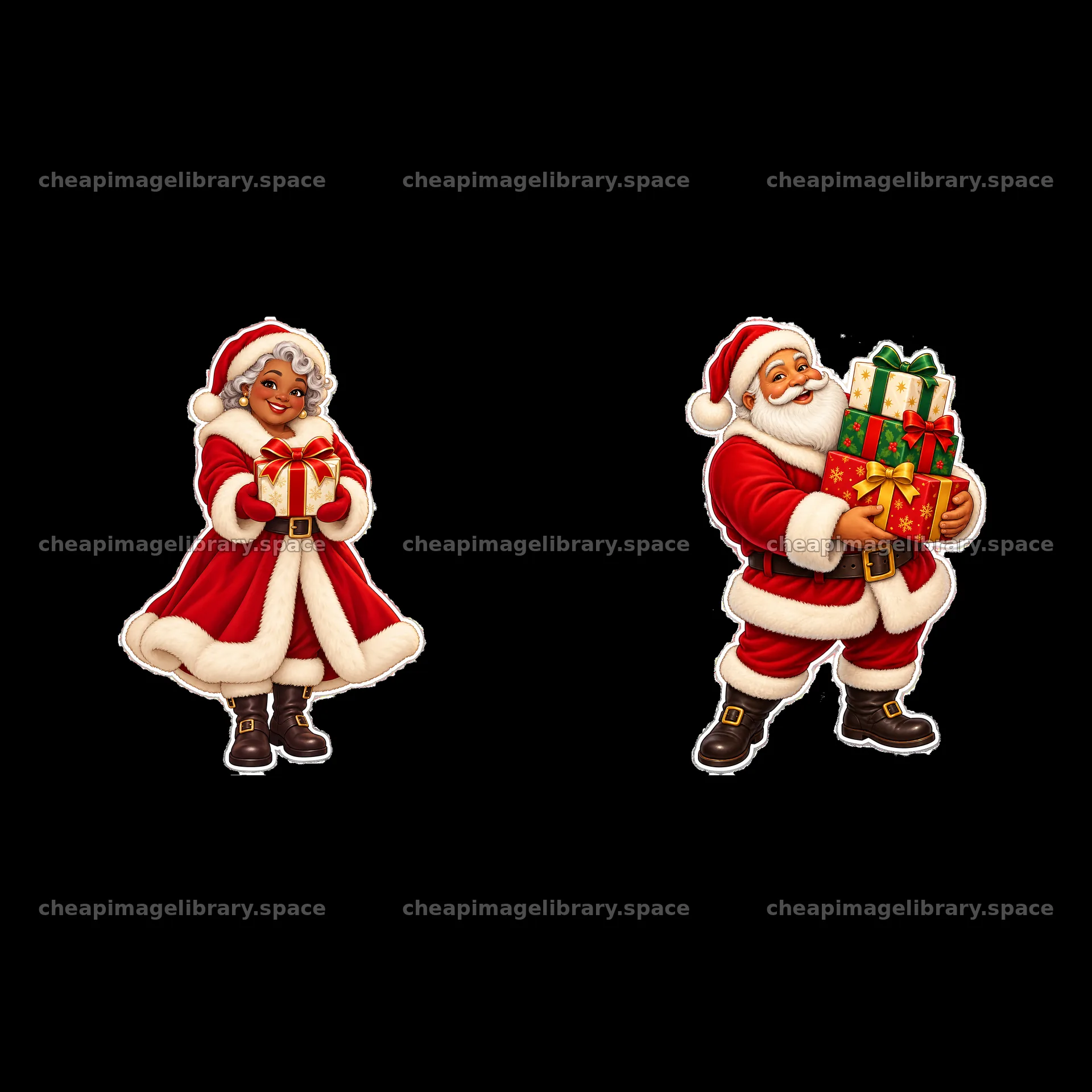 Santa Claus and Mrs. Claus holding gifts with bright colors – image library 7746x7746