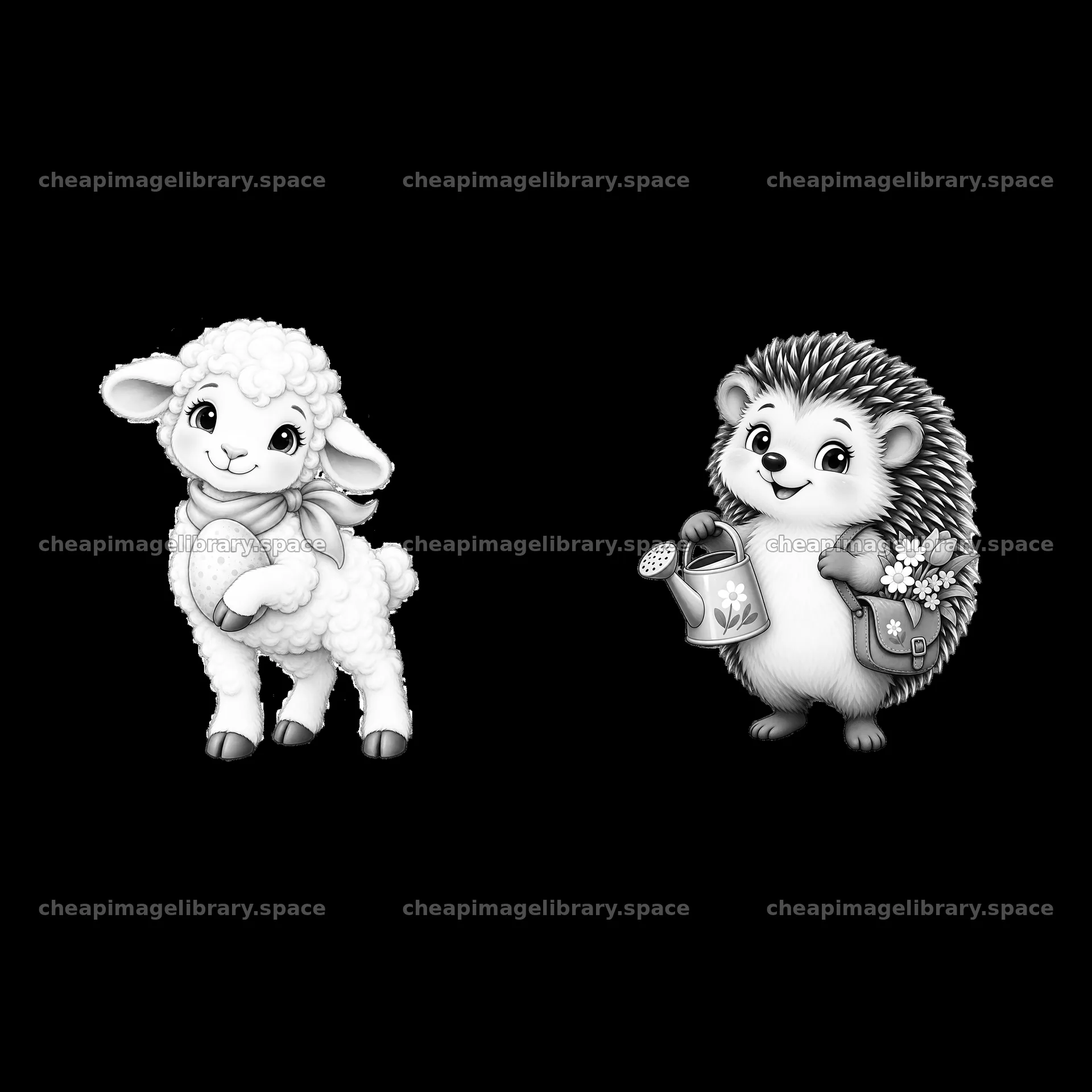 Lamb and hedgehog characters with Easter egg in garden setting – image library 7746x7746