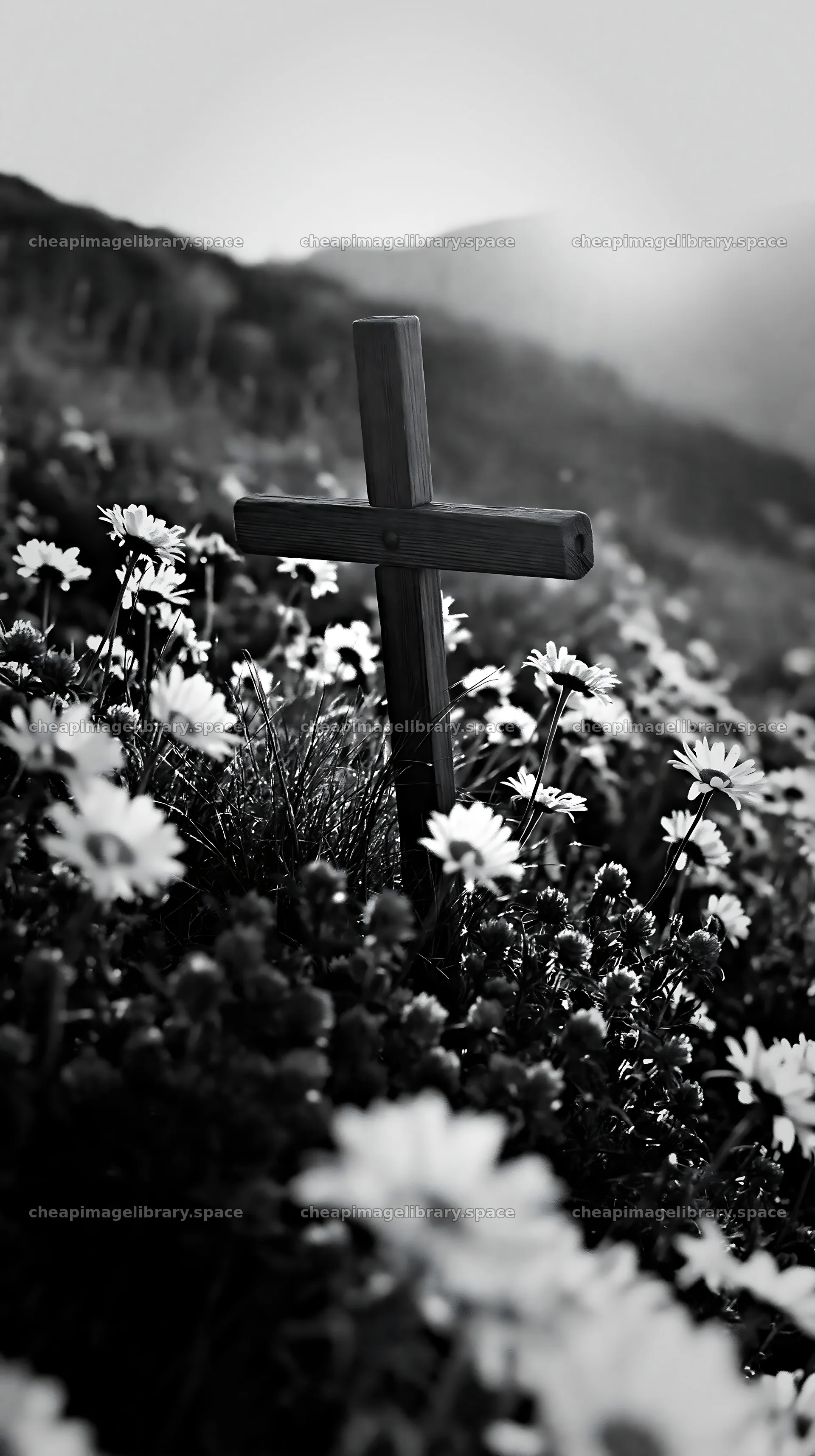Christian cross above secluded mountain meadow – image library 5938x10608
