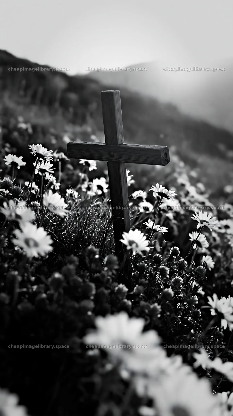 Christian cross above secluded mountain meadow – image library 5938x10608