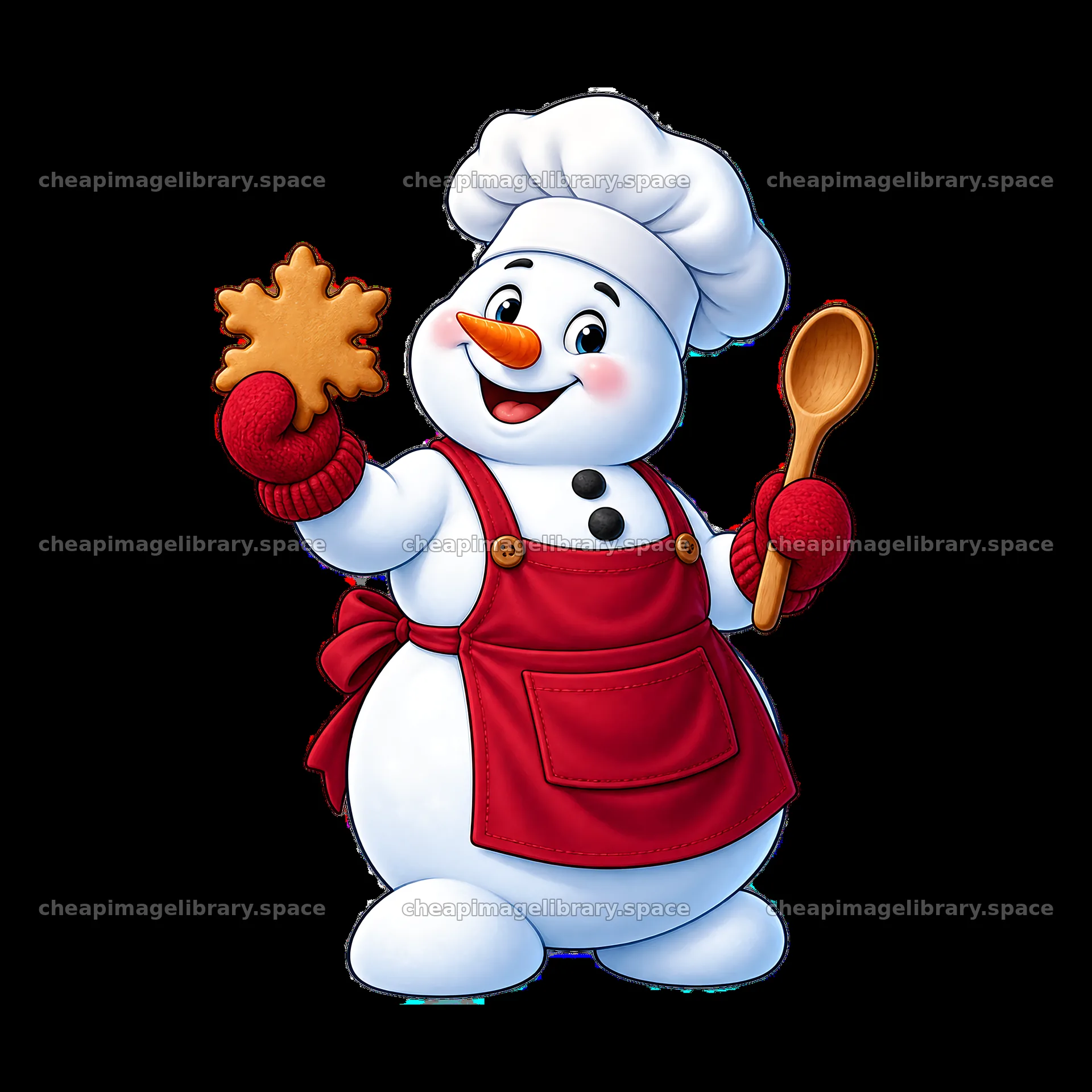 Christmas snowman chef holding a cookie and wooden spoon – image library 7746x7746