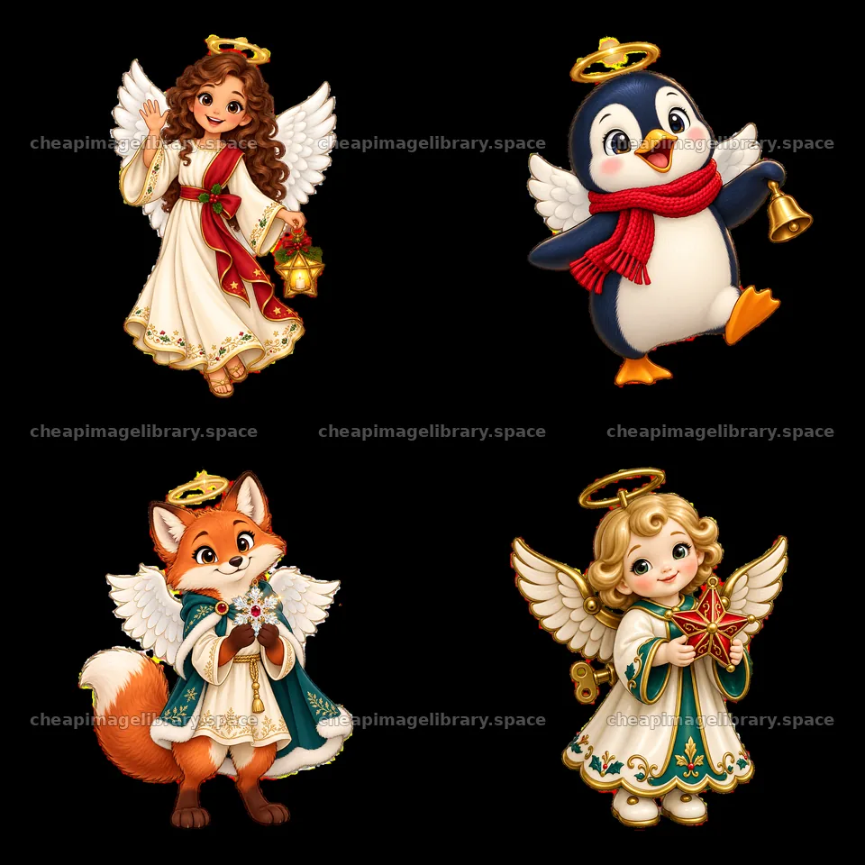 Cute Christmas angel cartoon stickers with animals – image library 7746x7746