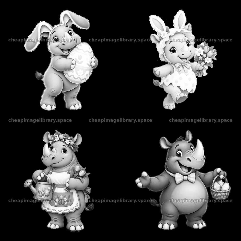 Easter themed rhinos and characters with eggs and flowers – image library 7746x7746