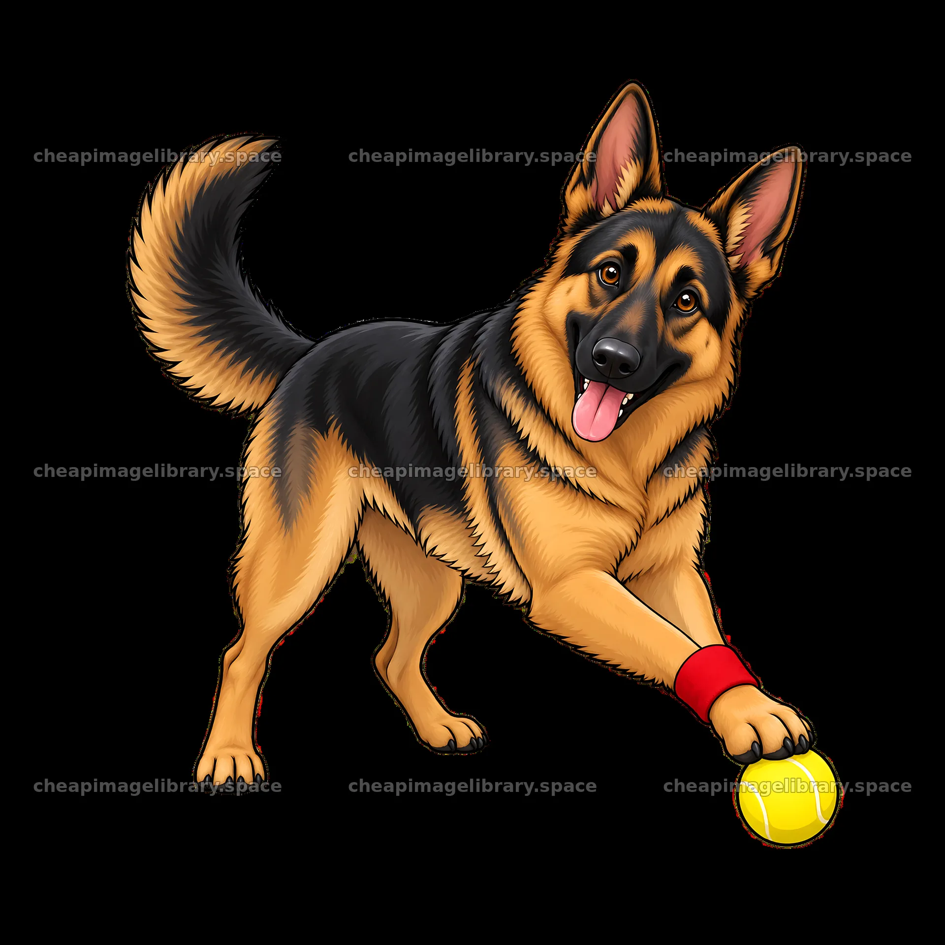 German Shepherd playing with a yellow ball and red band – image library 7746x7746