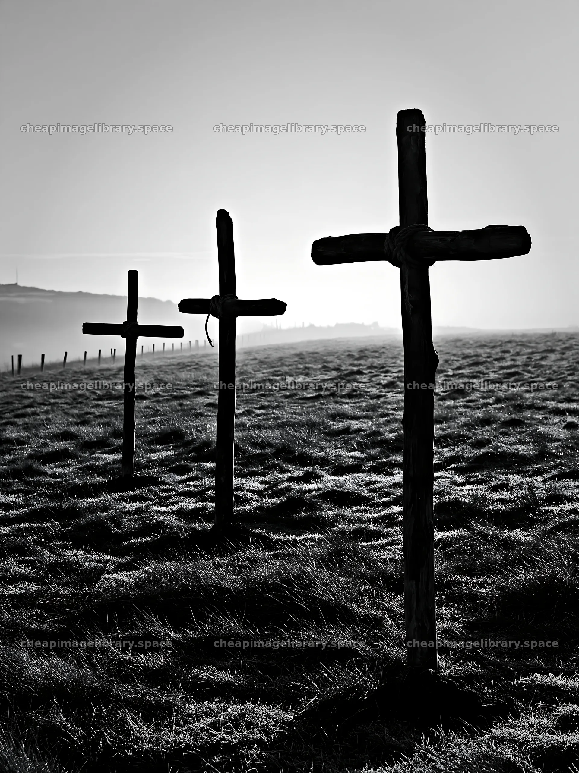 Rustic crosses in meadow during Christmas backlight – image library 6866x9174