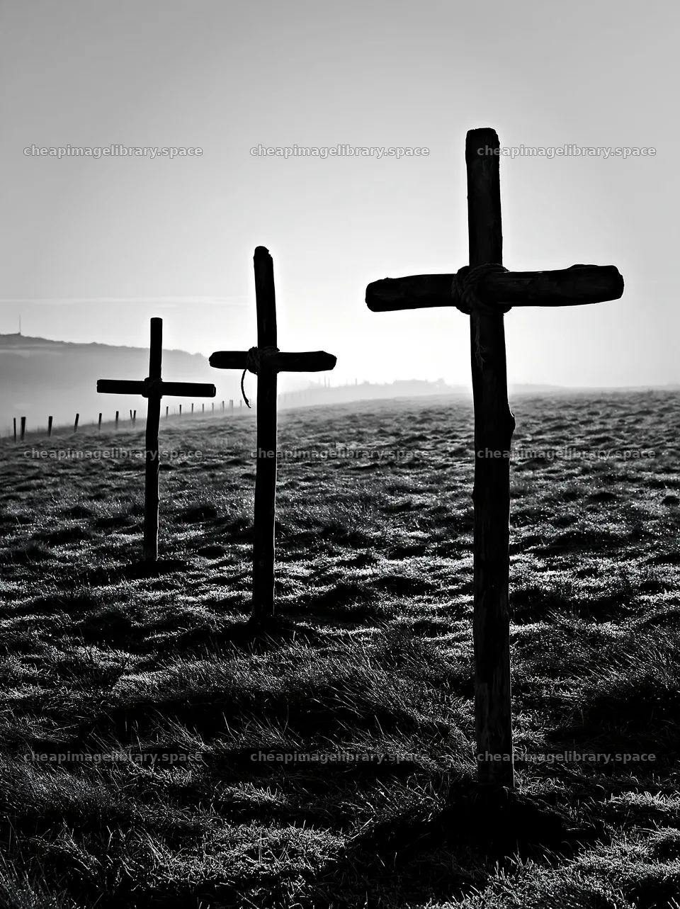 Rustic crosses in meadow during Christmas backlight – image library 6866x9174