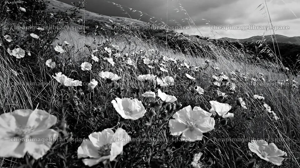 Cloudy rockrose meadow on limestone slope with wildflowers – image library 10608x5938
