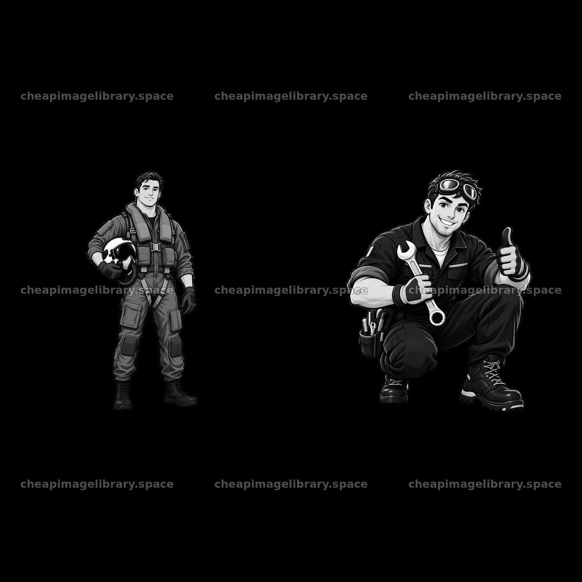 Two aircraft carrier crew members in black and white cartoon style – image library 7746x7746
