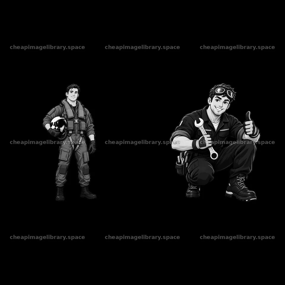 Two aircraft carrier crew members in black and white cartoon style – image library 7746x7746