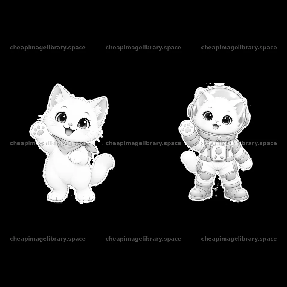 Kawaii cat characters in space and casual attire waving – image library 7746x7746