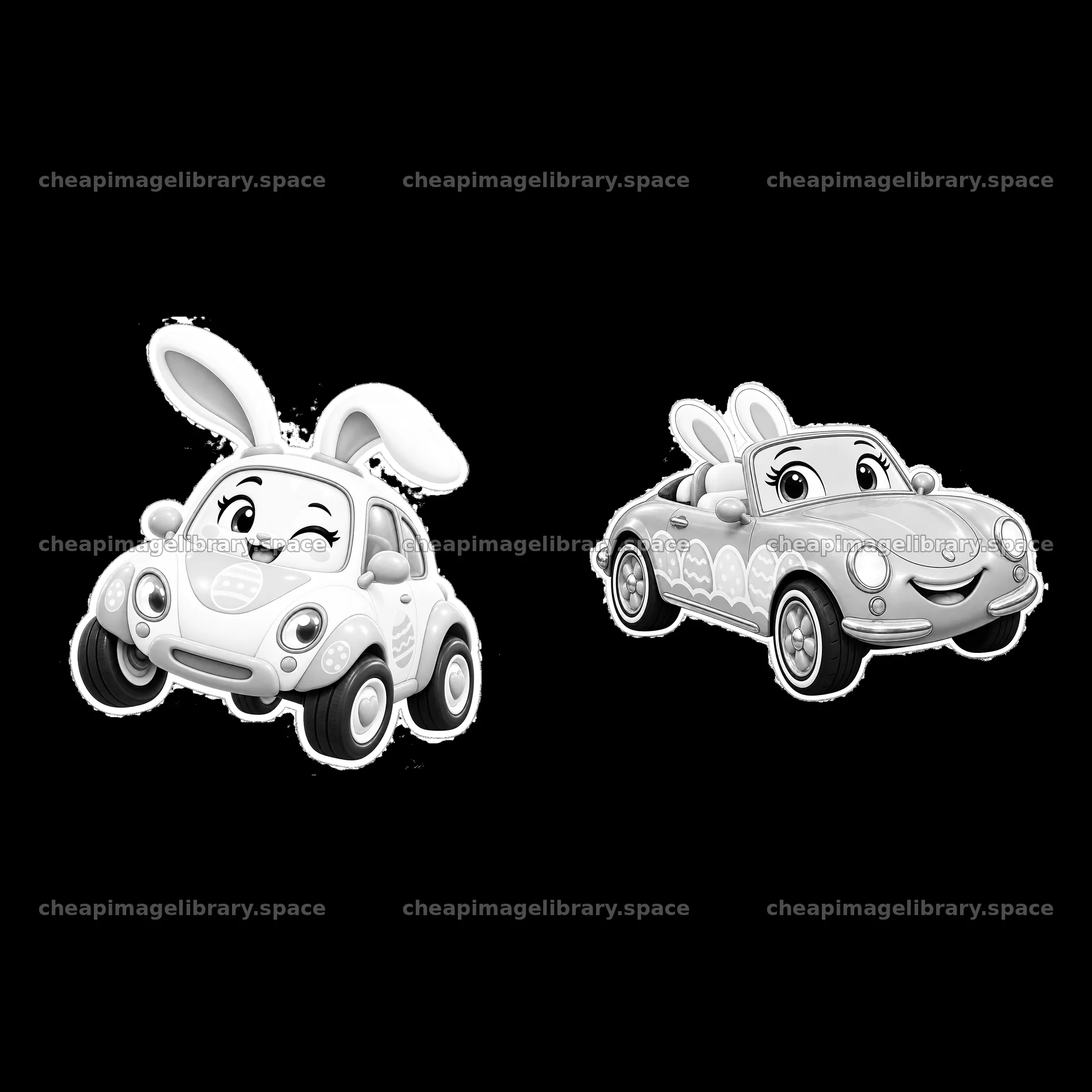 Easter bunny driving a car in black and white cartoon style – image library 7746x7746