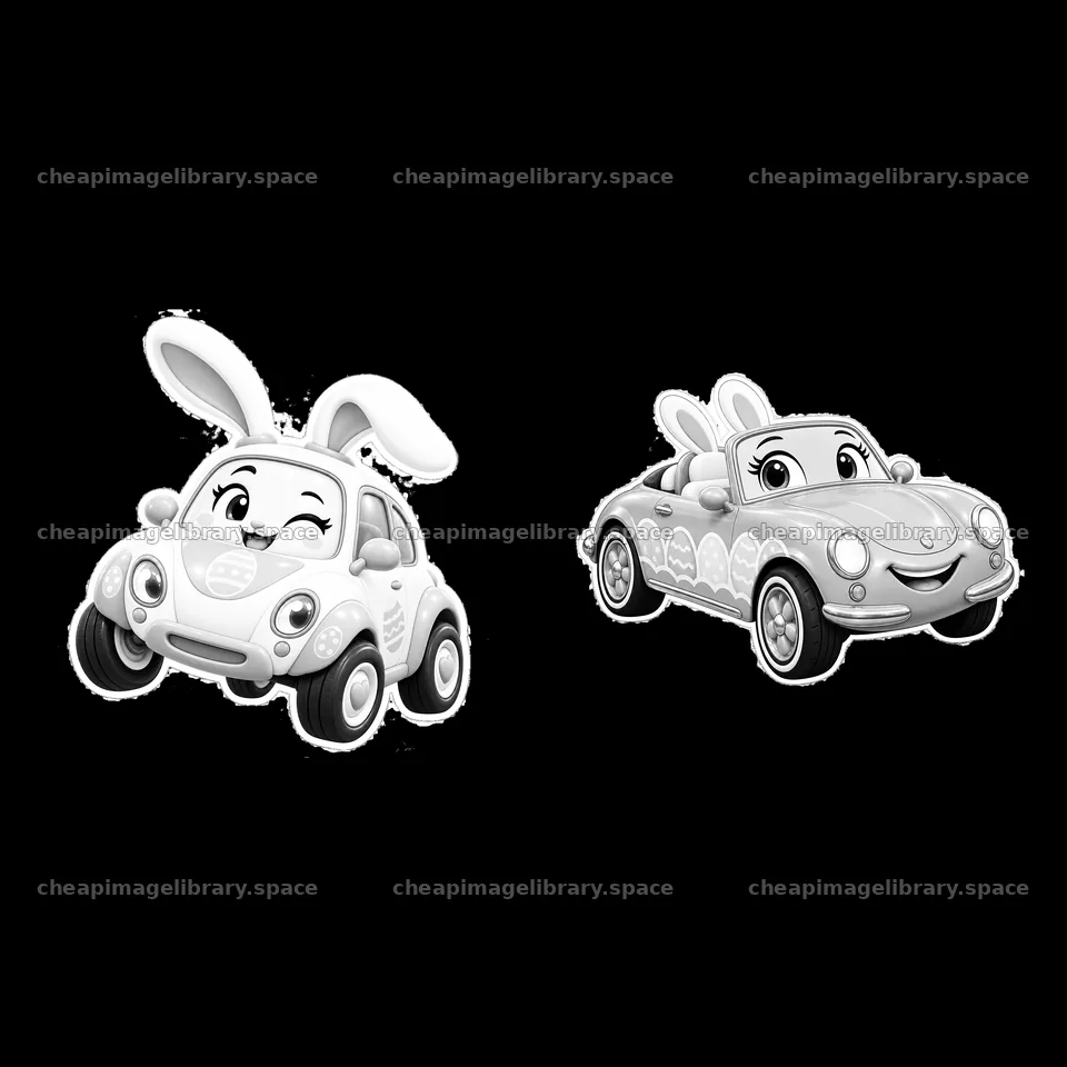 Easter bunny driving a car in black and white cartoon style – image library 7746x7746