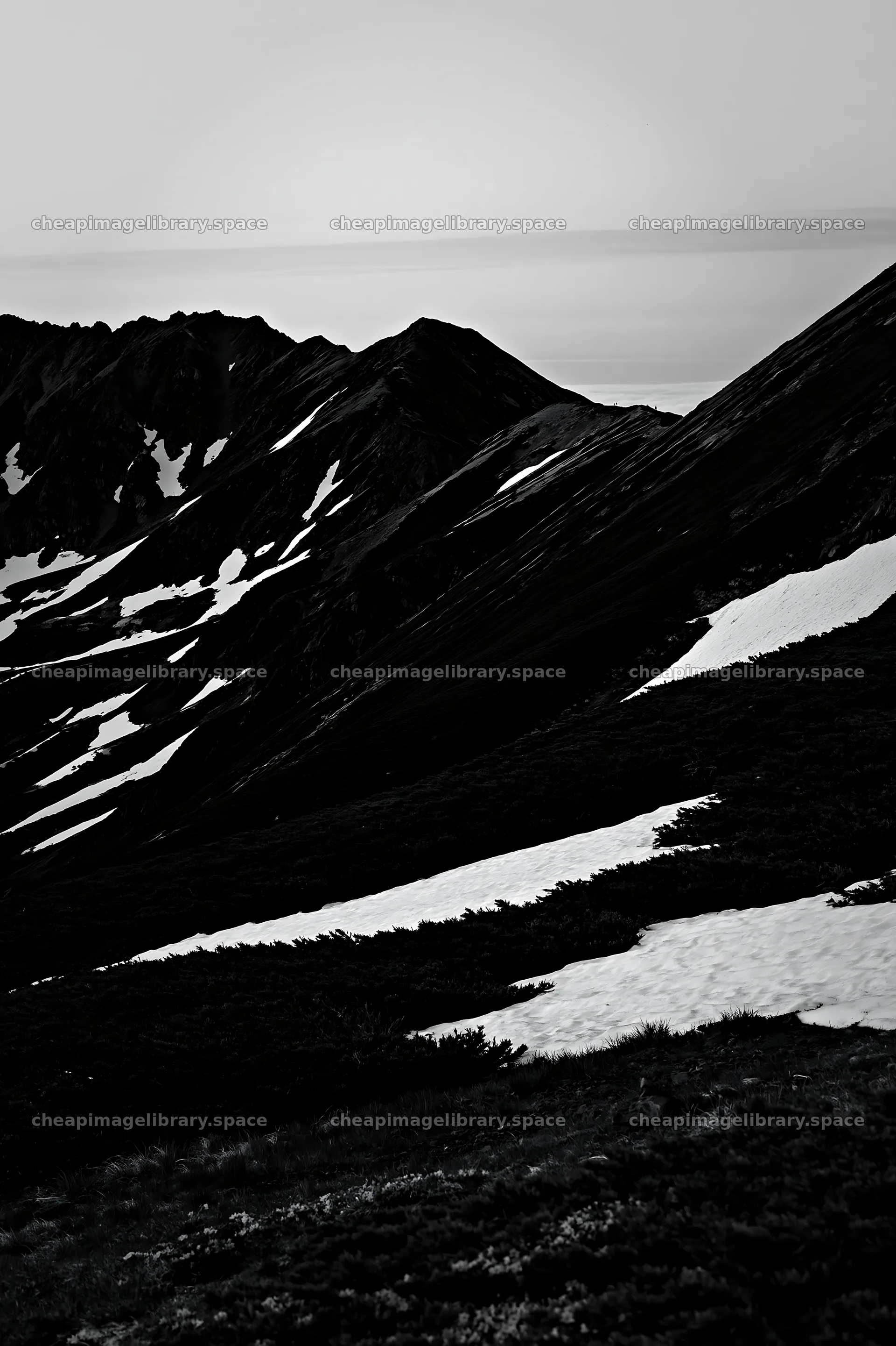 Snowline meadow with mountains and patches of snow – image library 6480x9722