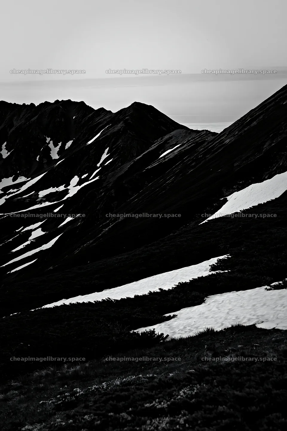 Snowline meadow with mountains and patches of snow – image library 6480x9722