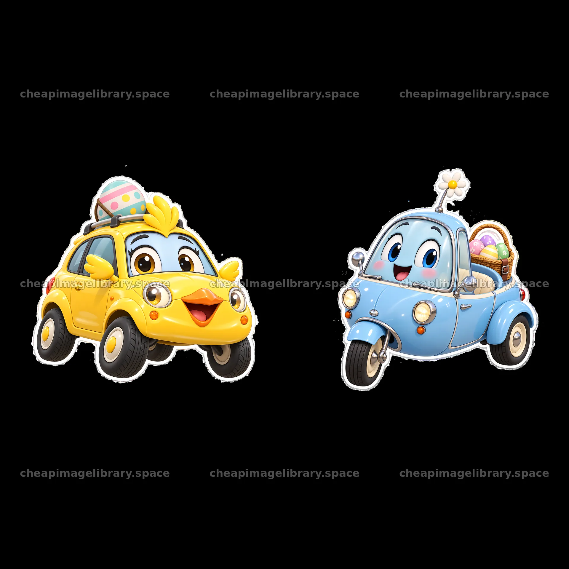 Easter-themed cartoon cars with cute characters and accessories – image library 7746x7746