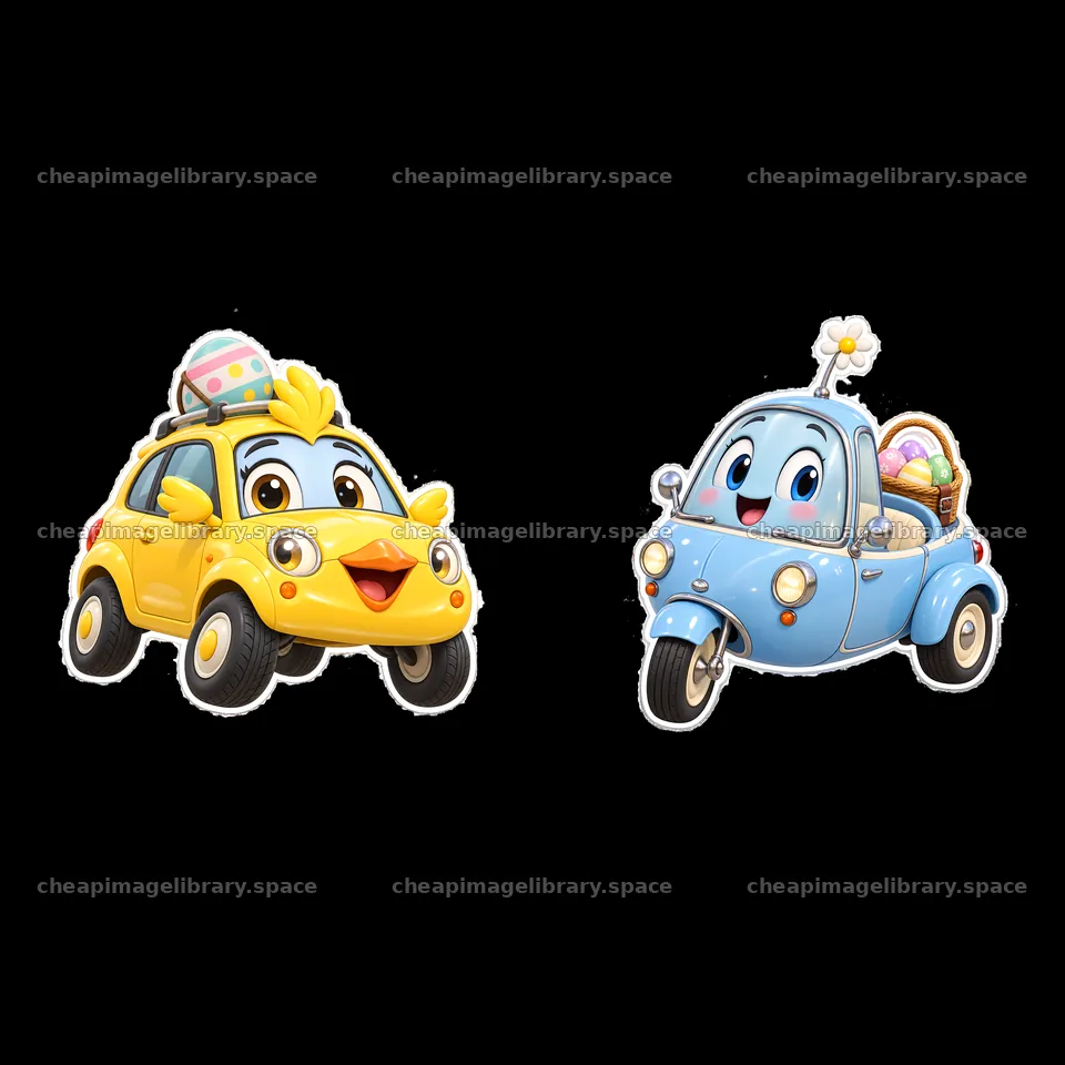 Easter-themed cartoon cars with cute characters and accessories – image library 7746x7746