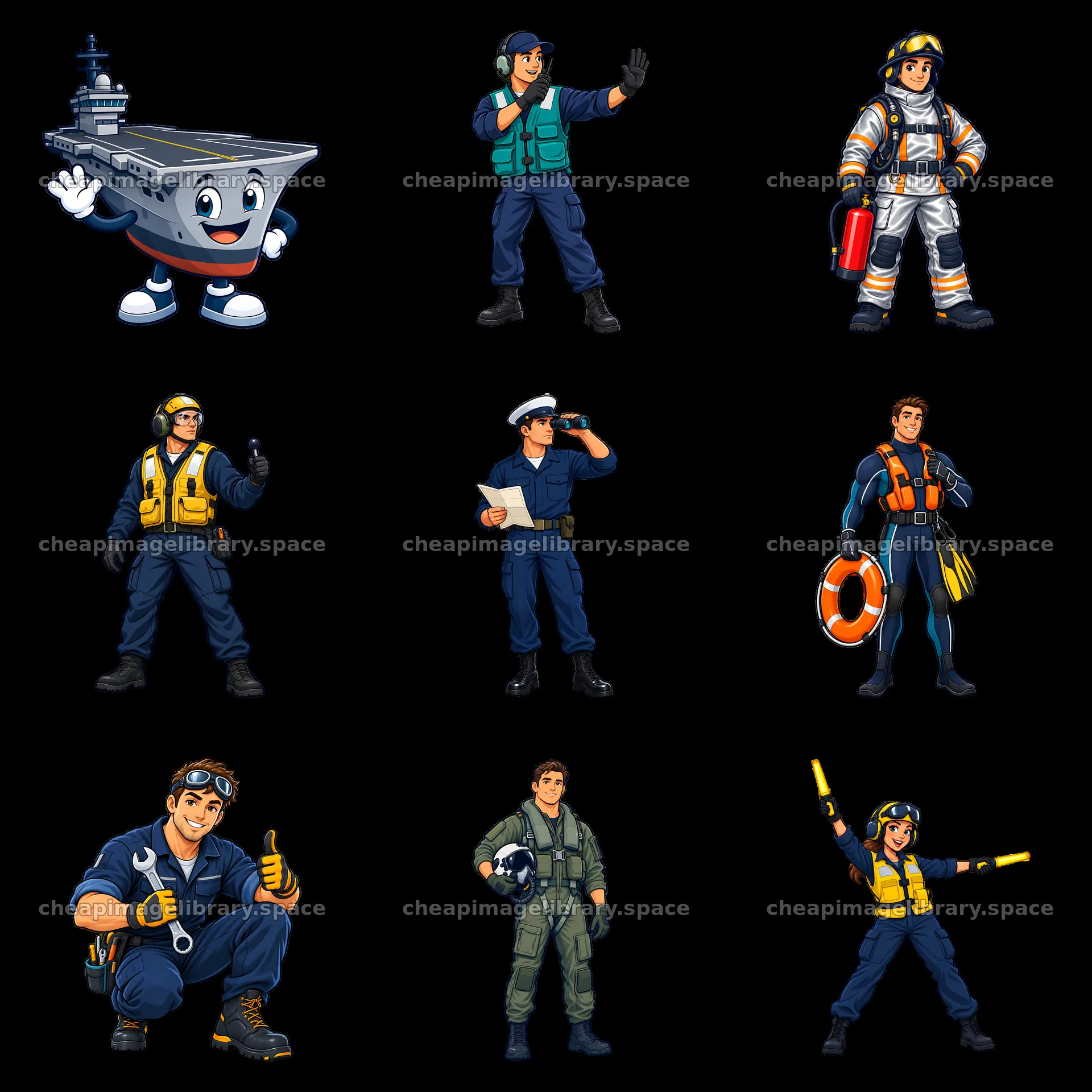 Cartoon character stickers featuring personnel on an aircraft – image library 7746x7746