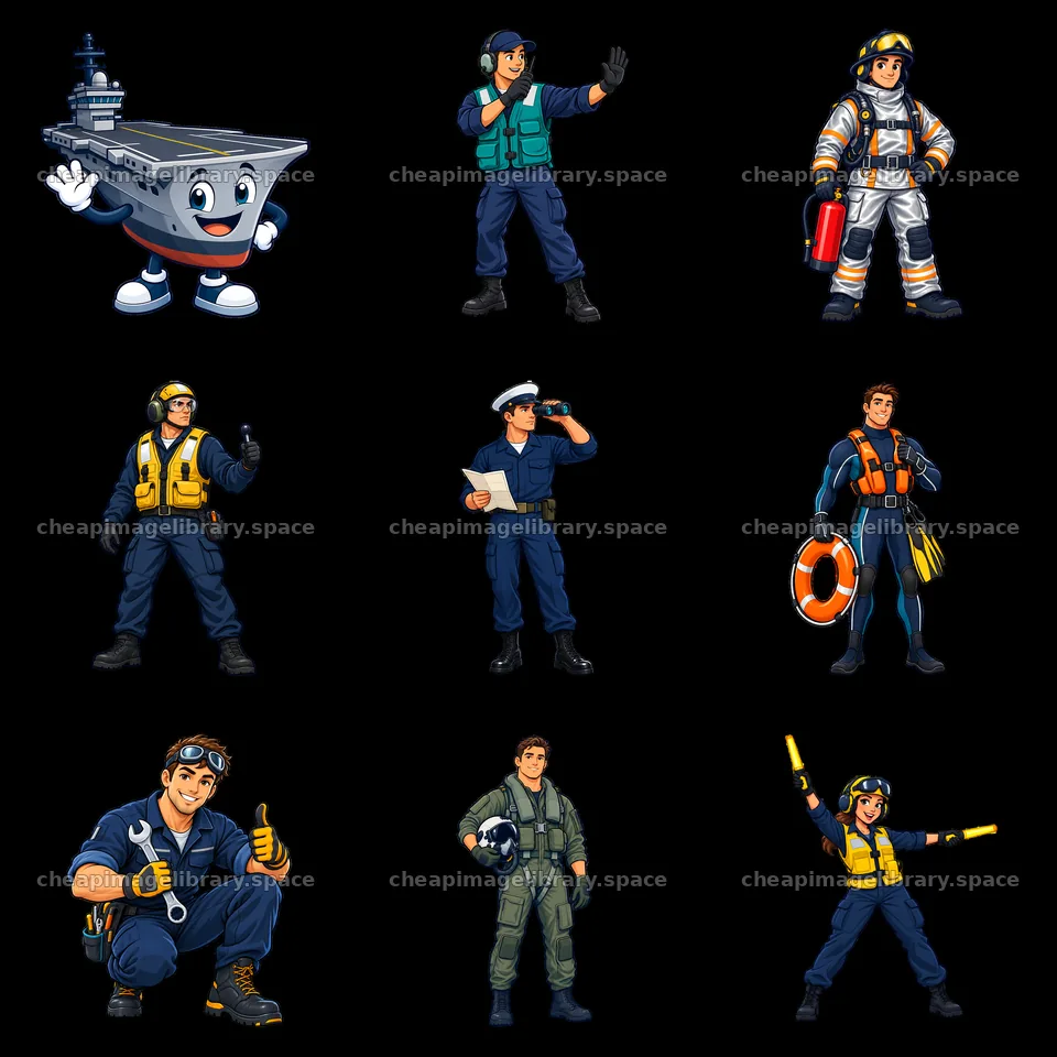 Cartoon character stickers featuring personnel on an aircraft – image library 7746x7746