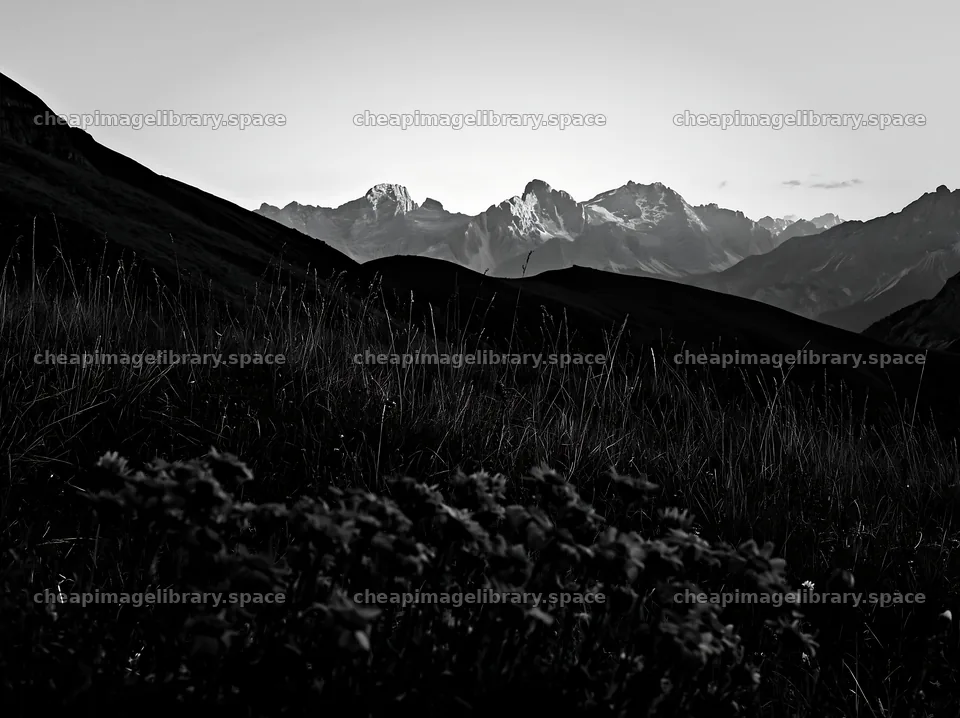 Mountain pass meadow with blooming flowers at sunset – image library 9174x6866