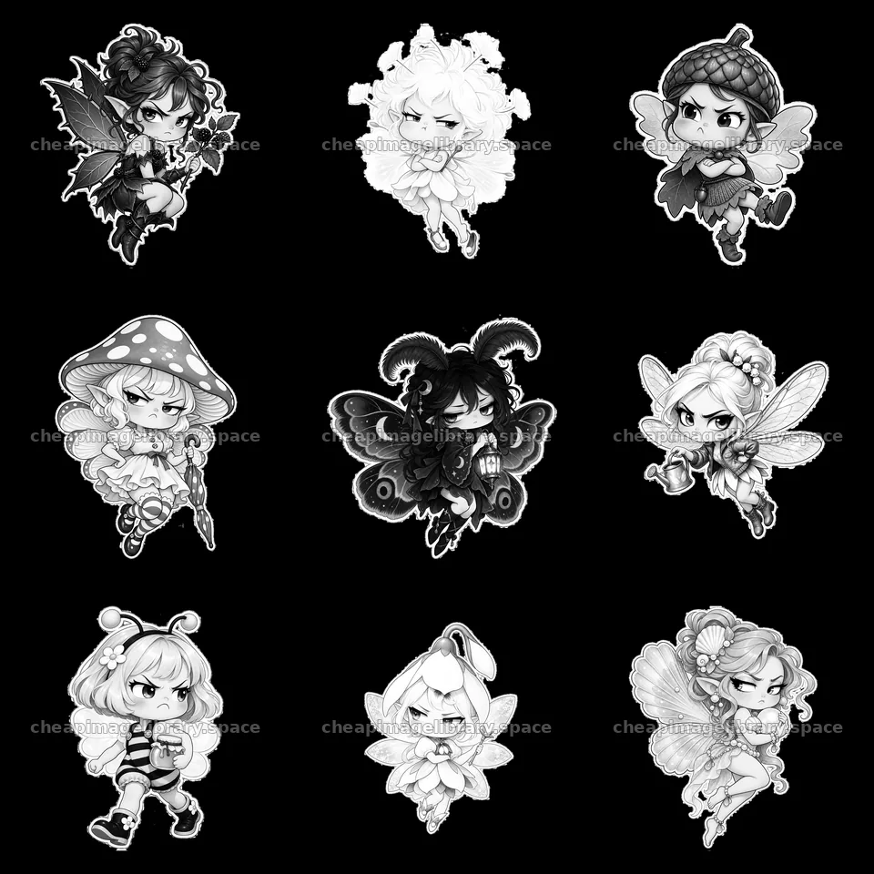 Kawaii grumpy fairies in black and white cartoon sticker design – image library 7746x7746