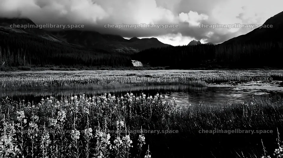 Flower meadow with waterfall reflection under cloudy sky – image library 10608x5938