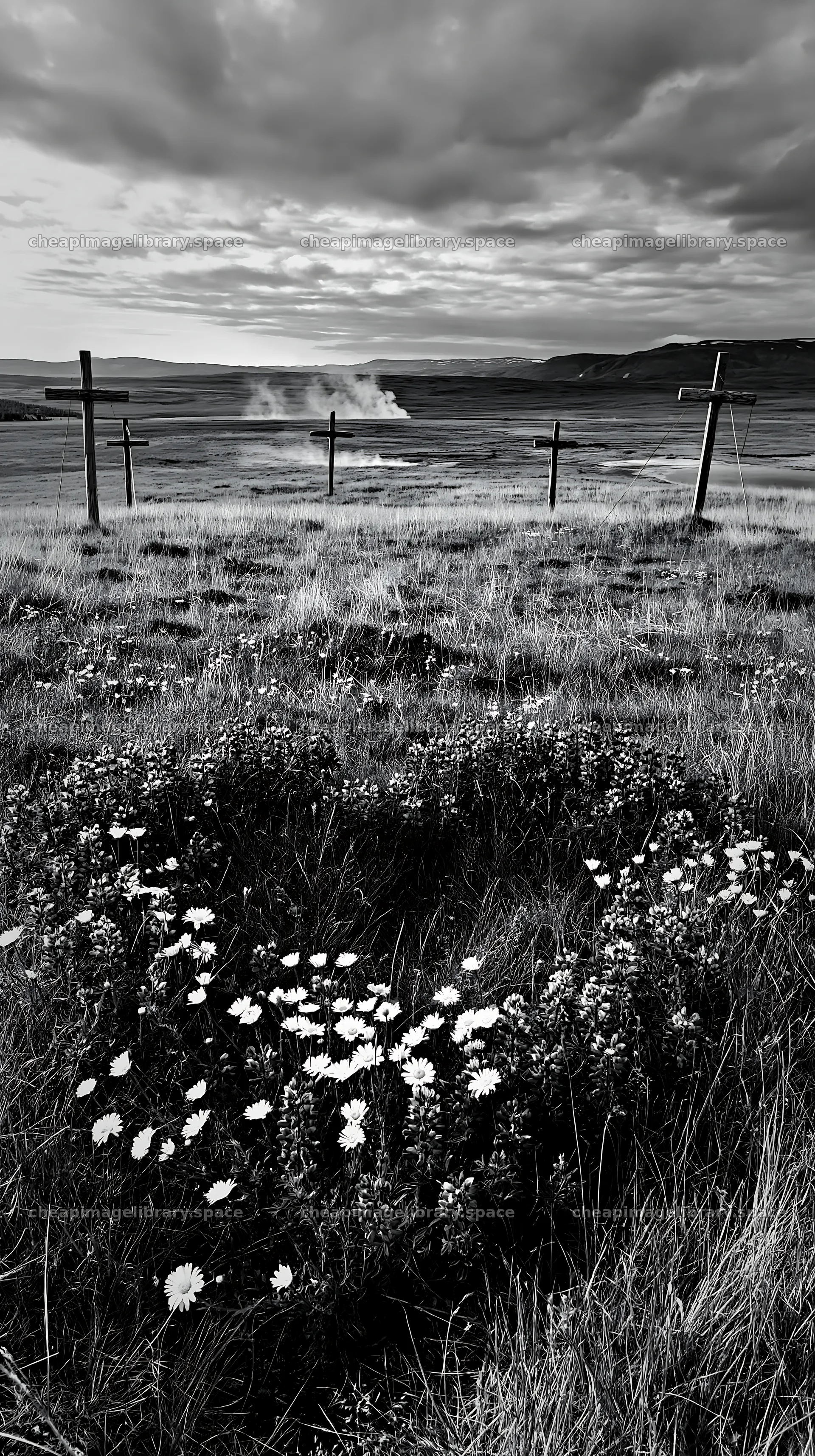 Christian crosses near geothermal spring meadow – image library 5938x10608